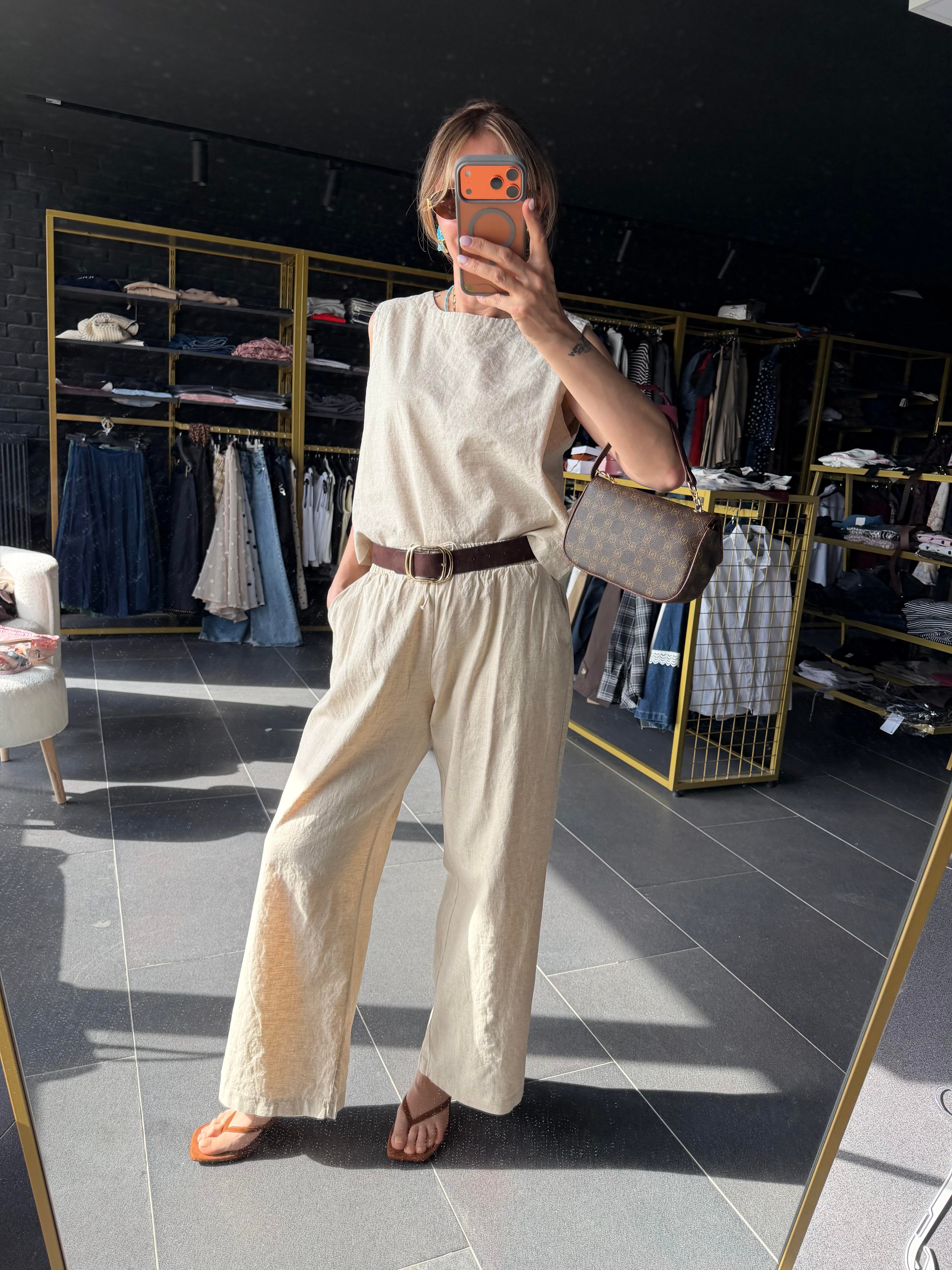 Premium Keten Ekru Bluz Pantolon Takım