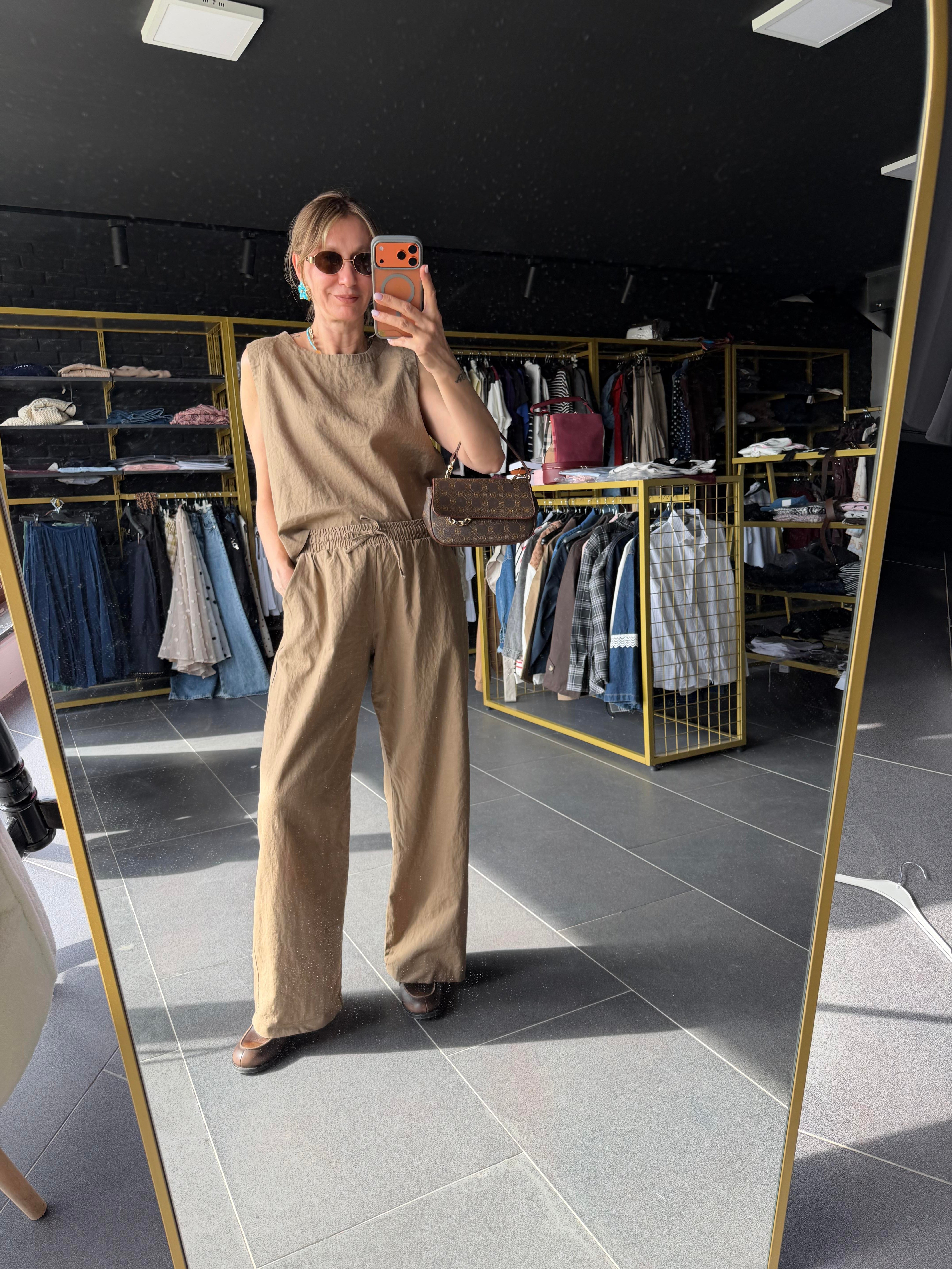 Premium Keten Kahve Krem Bluz Pantolon Takım