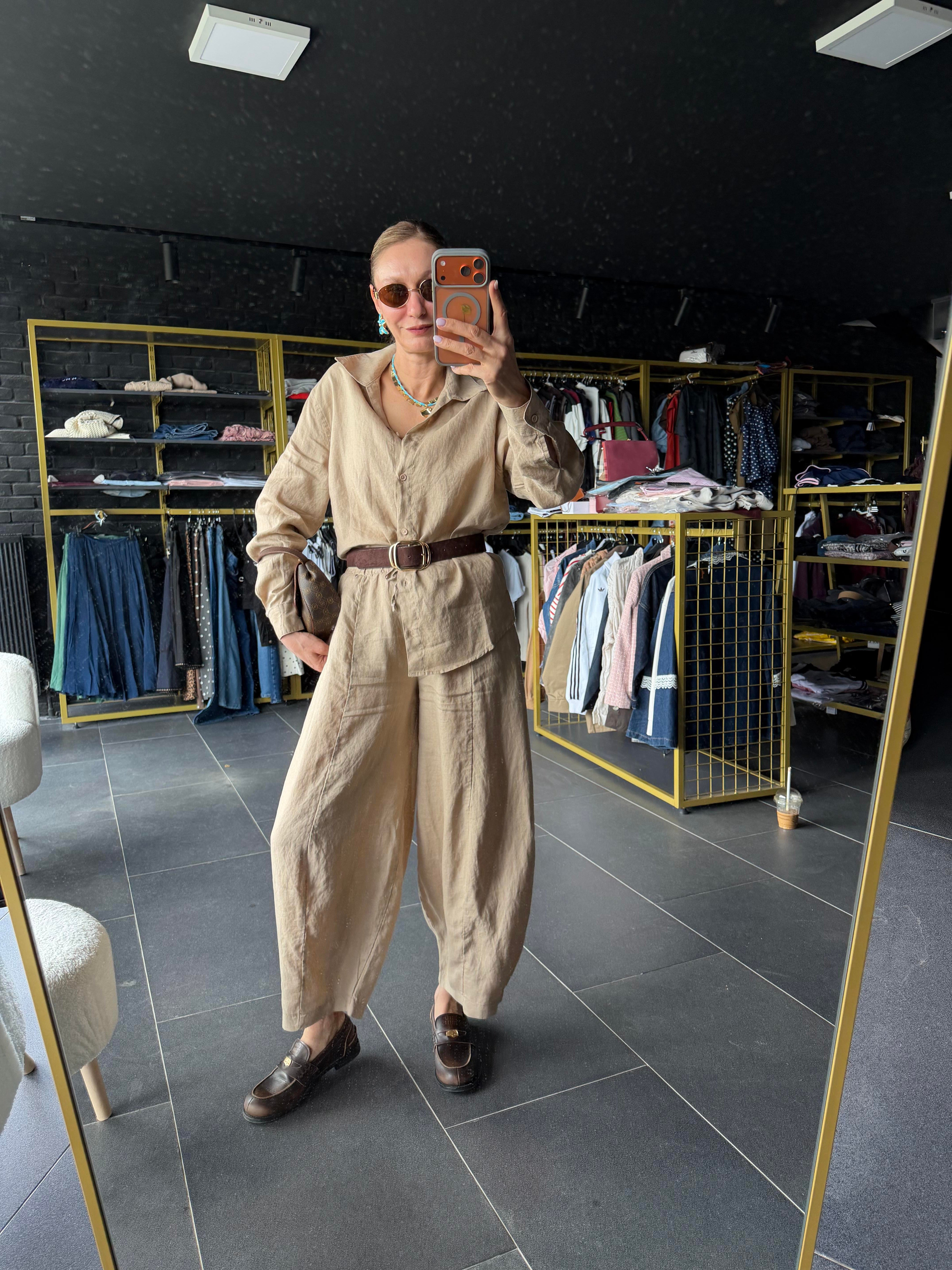 Premium Keten Kahve Krem Frankly Model Pantolon