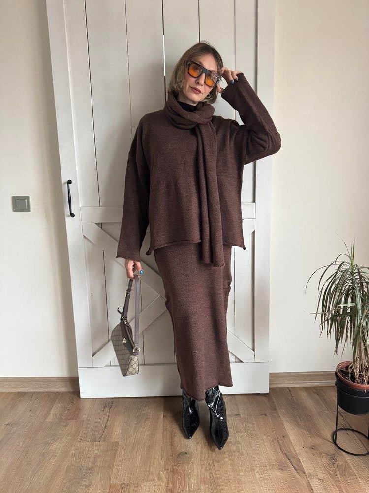 Premium Kumaş Atkılı Uzun Etekli Kadın İkili Takım 