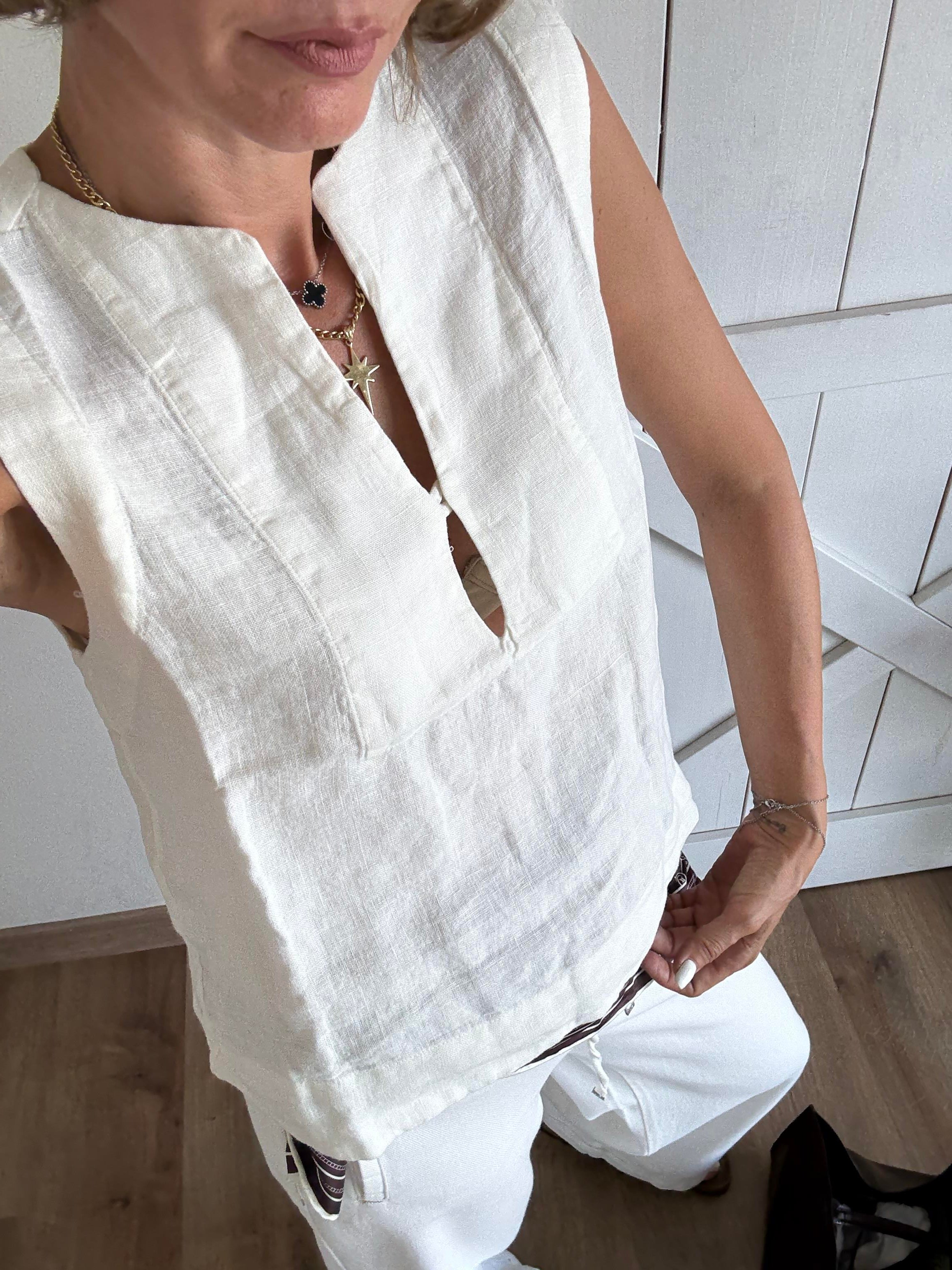 Premium Massi Kırık Beyaz Keten Tek Düğmeli Bluz