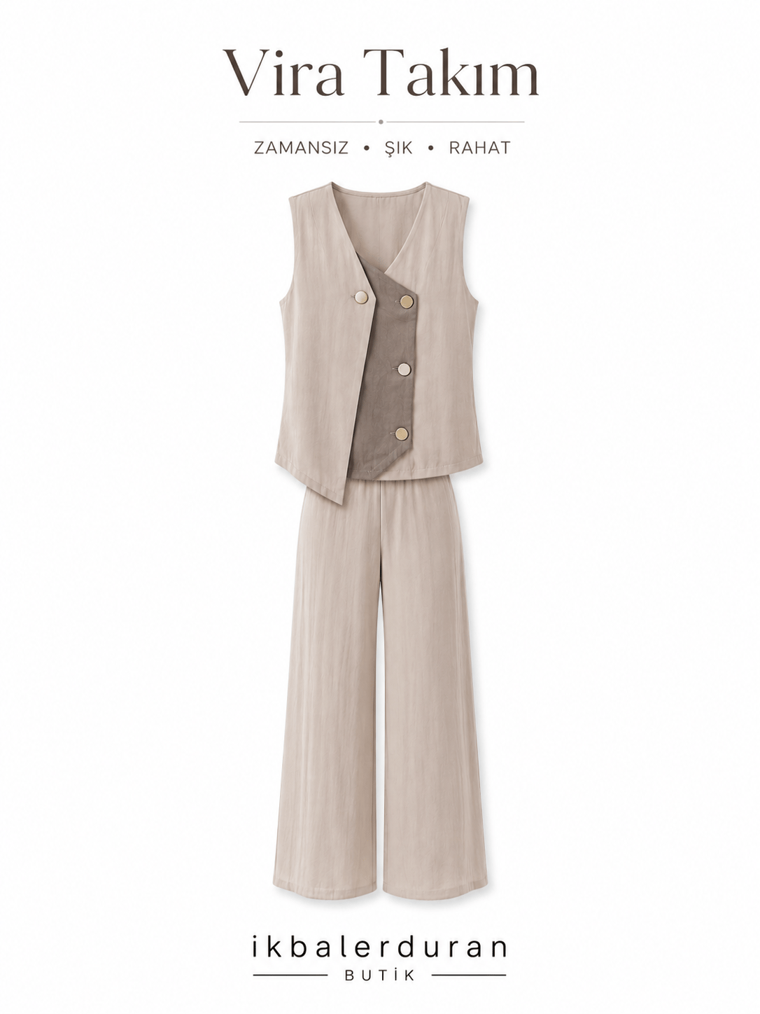 Premium Orijinal Model , Tasarım Düğme Detaylı , Bej & Vizon , Tencel Takım