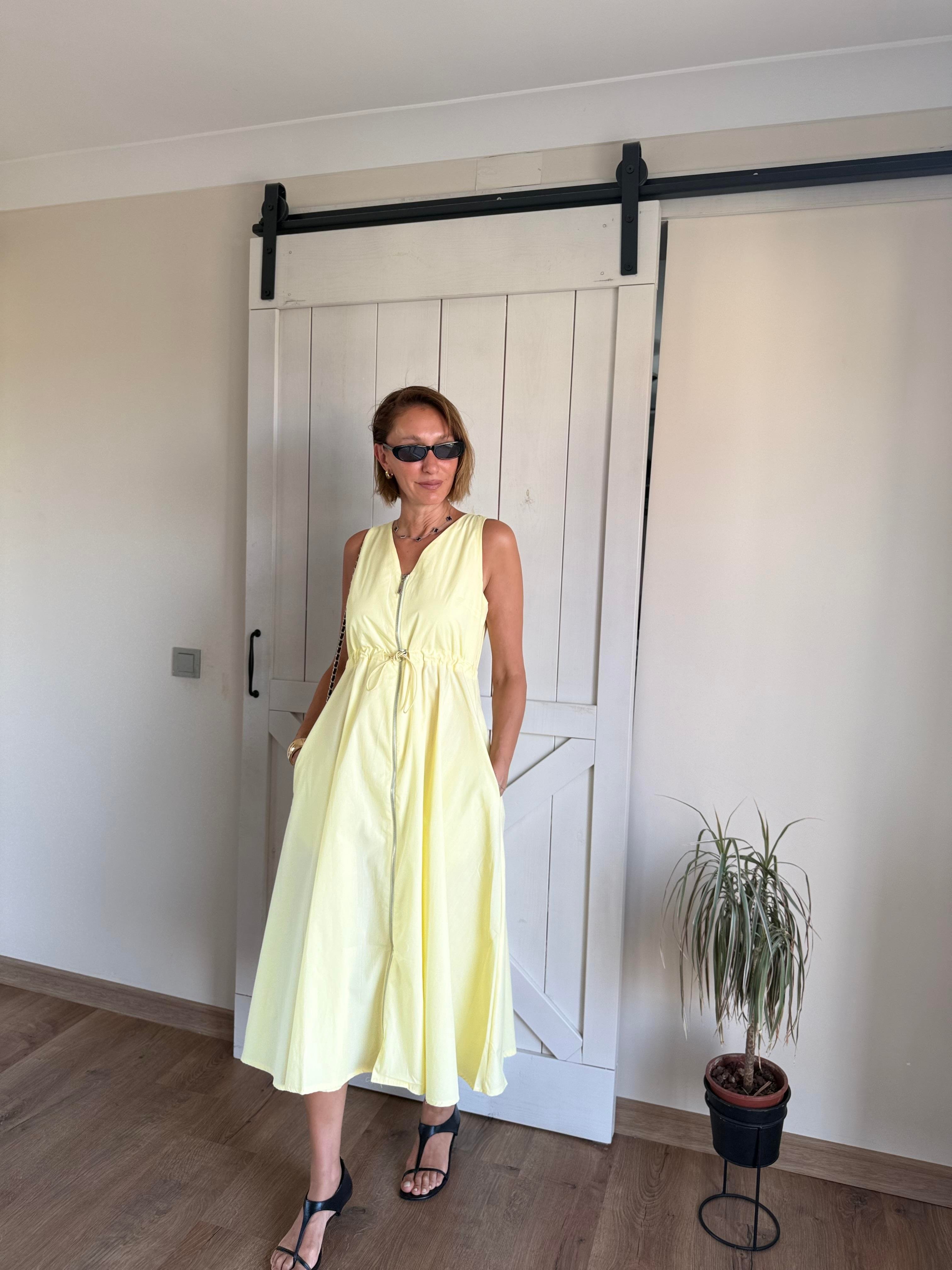 Sarı Fermuarlı Poplin Elbise