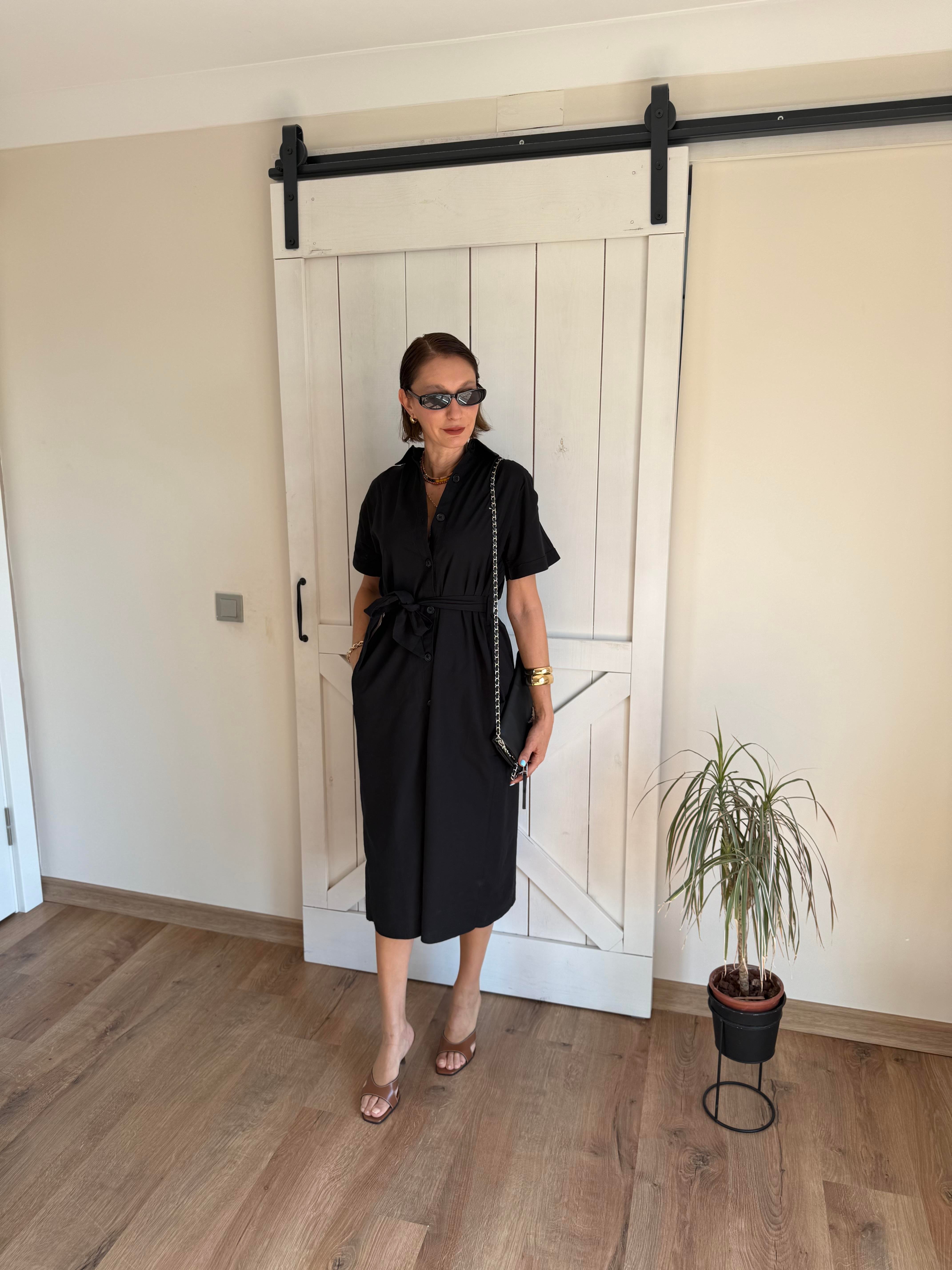 Siyah Kuşaklı Thoer Gömlek Elbise