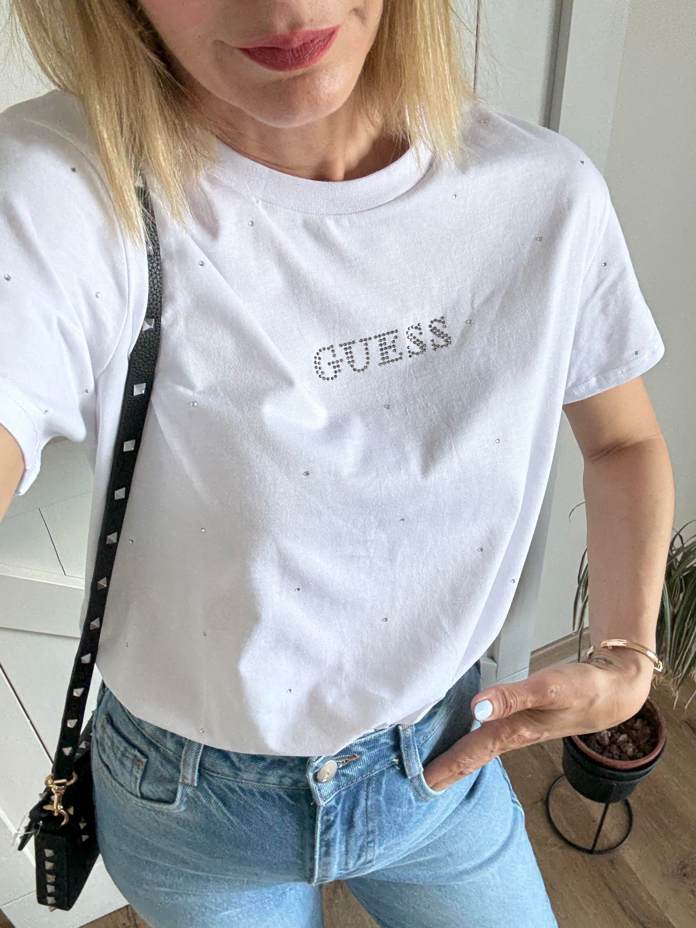 Taş İşlemeli Logolu Beyaz Tshirt