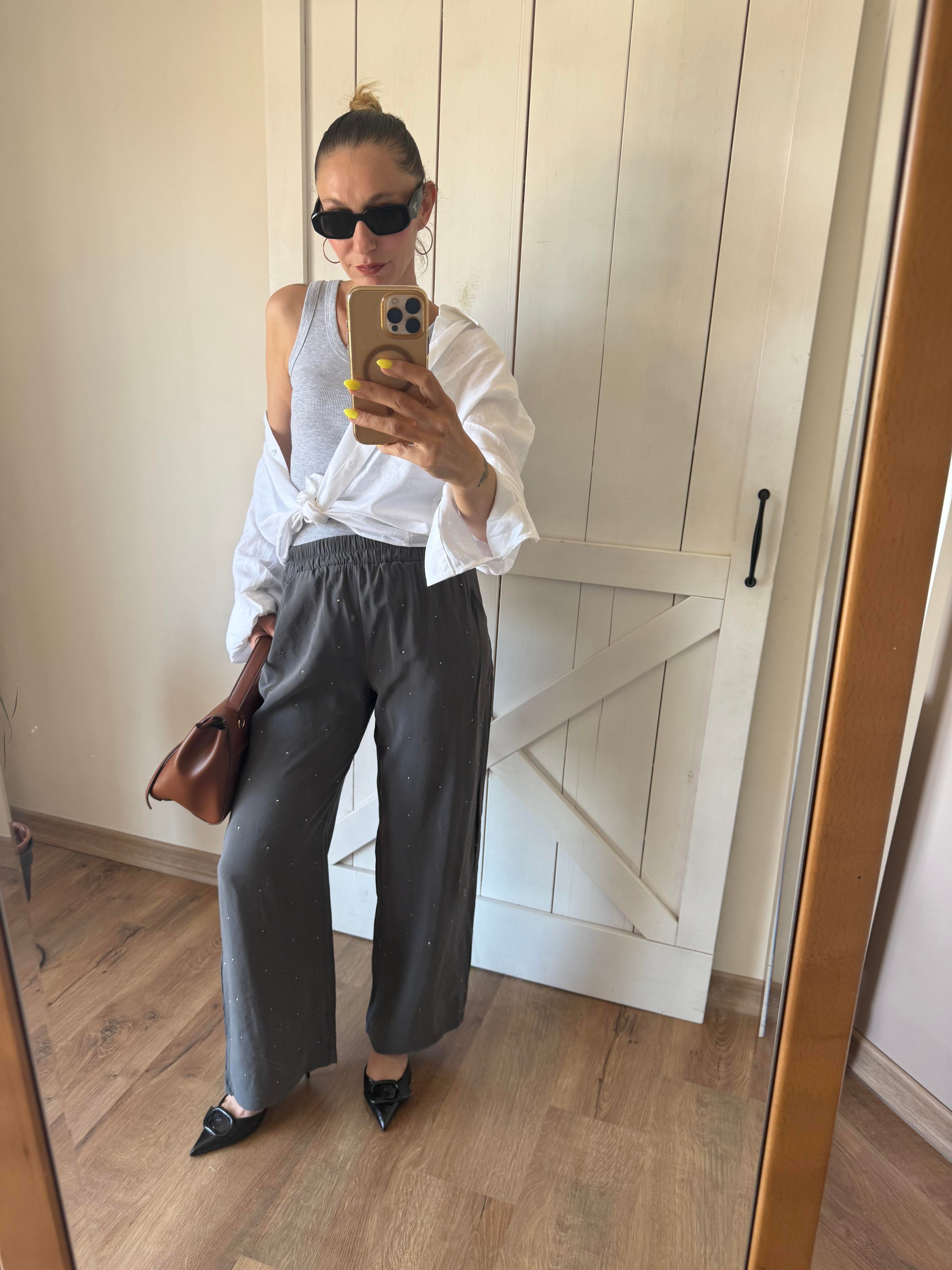 Taşlı Gri Tensel Pantolon