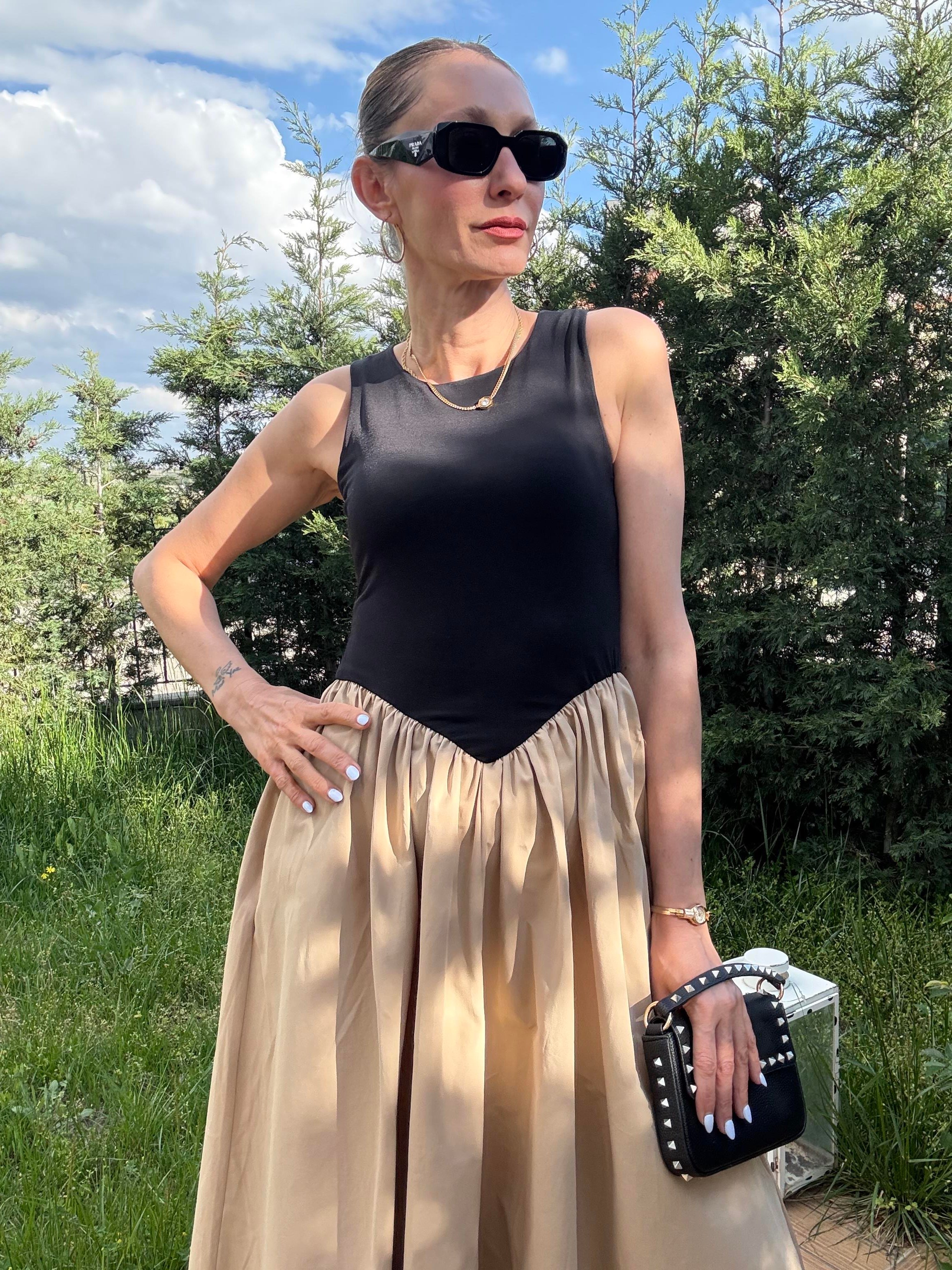 Üstü Jarse Poplin Camel Elbise