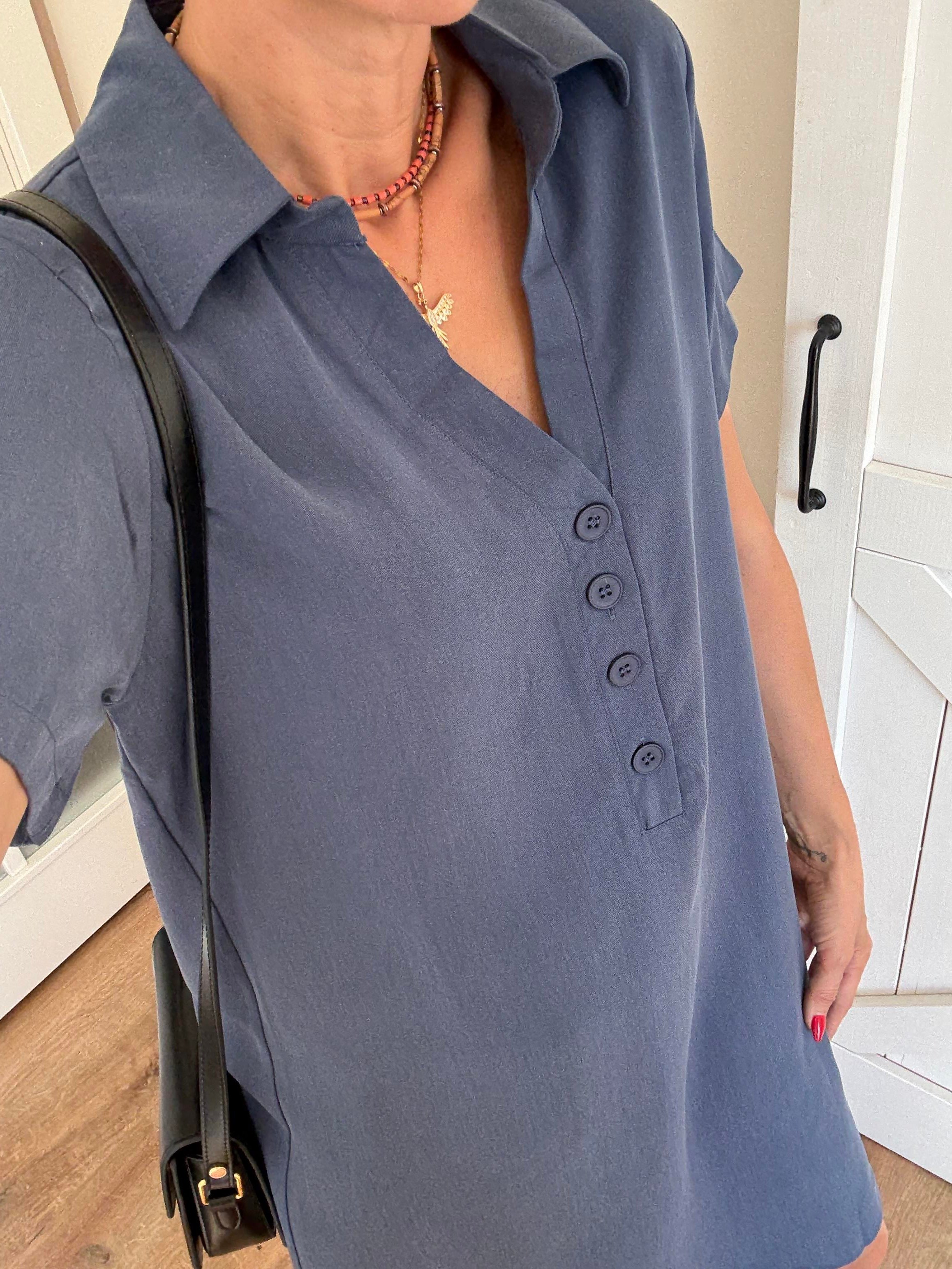 V Yaka Dört Düğmeli  MiniTensel Lacivert Elbise