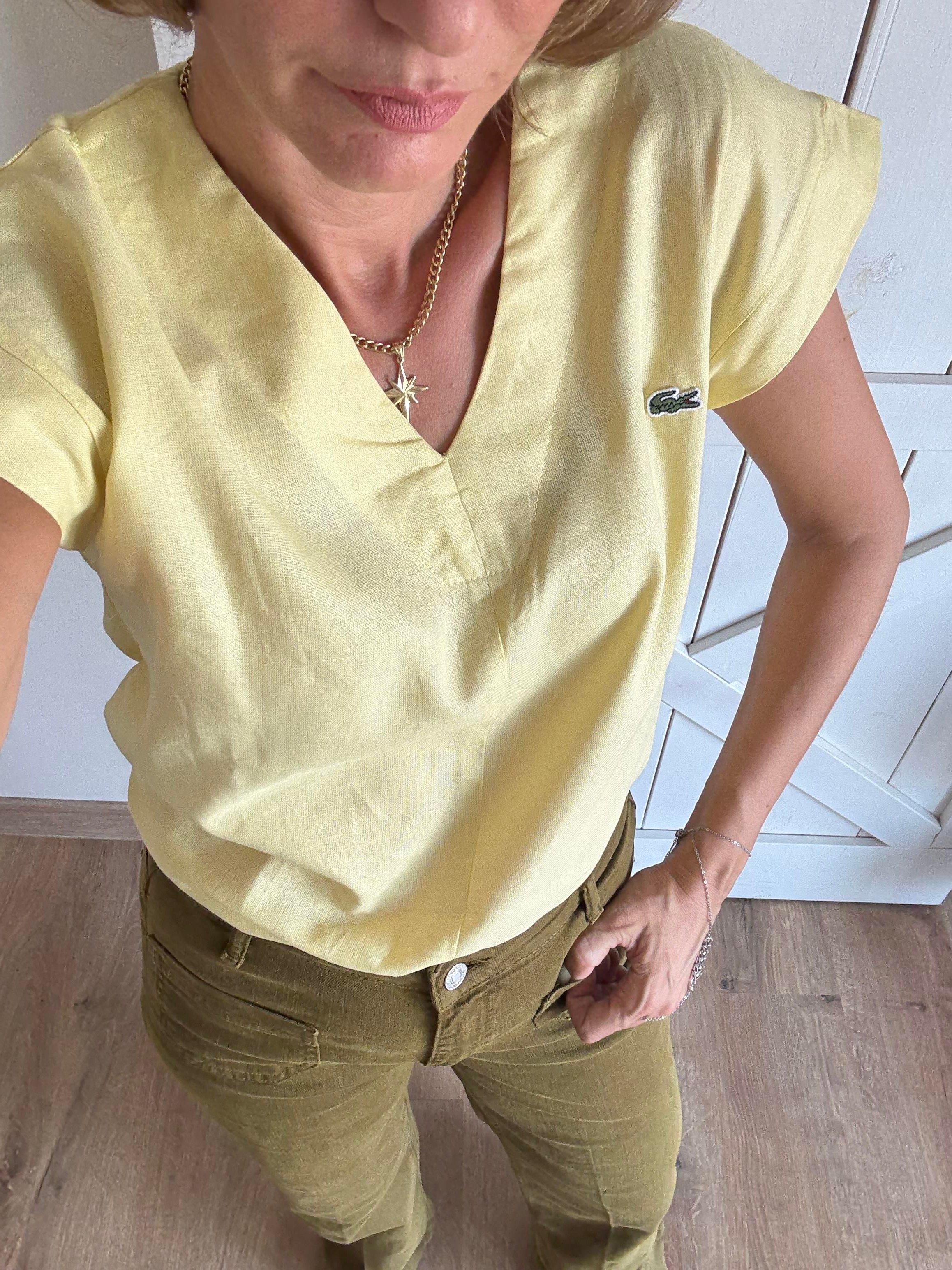 V Yaka Keten Sarı Bluz
