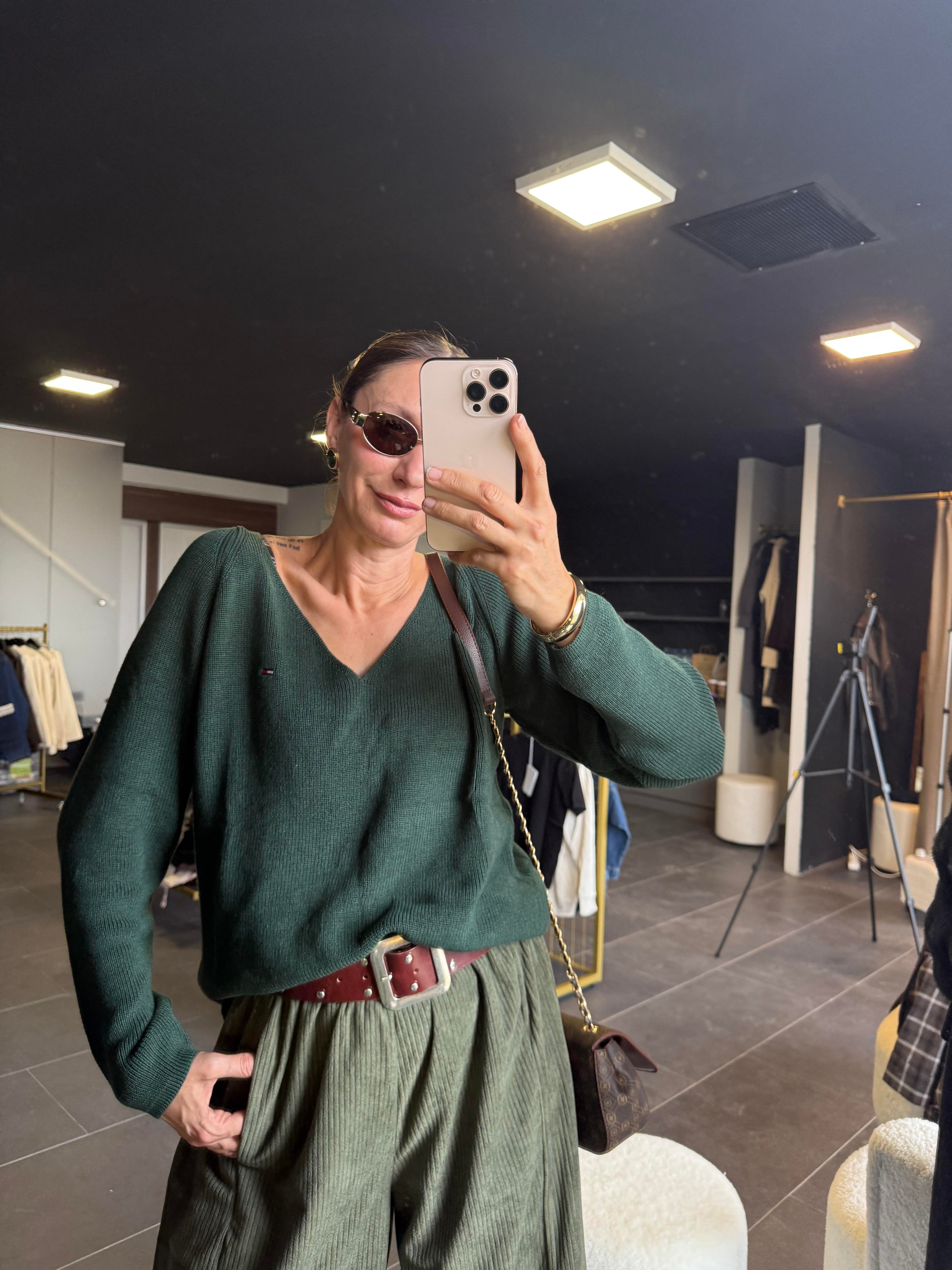 V Yaka Yeşil Th Triko