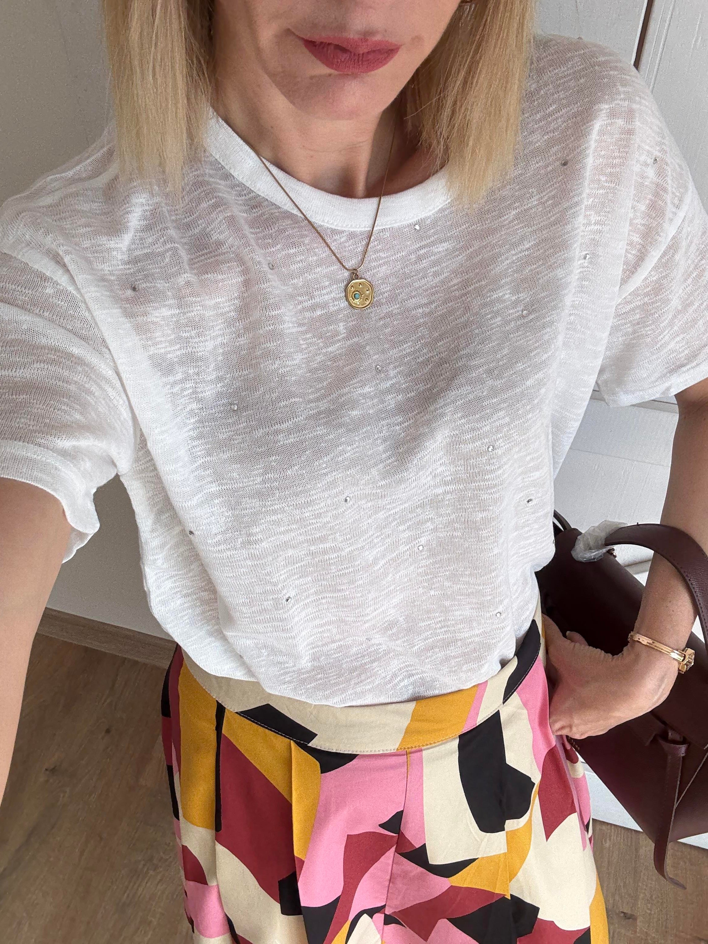 Work Taş İşlemeli Keten Karışımı Tshirt