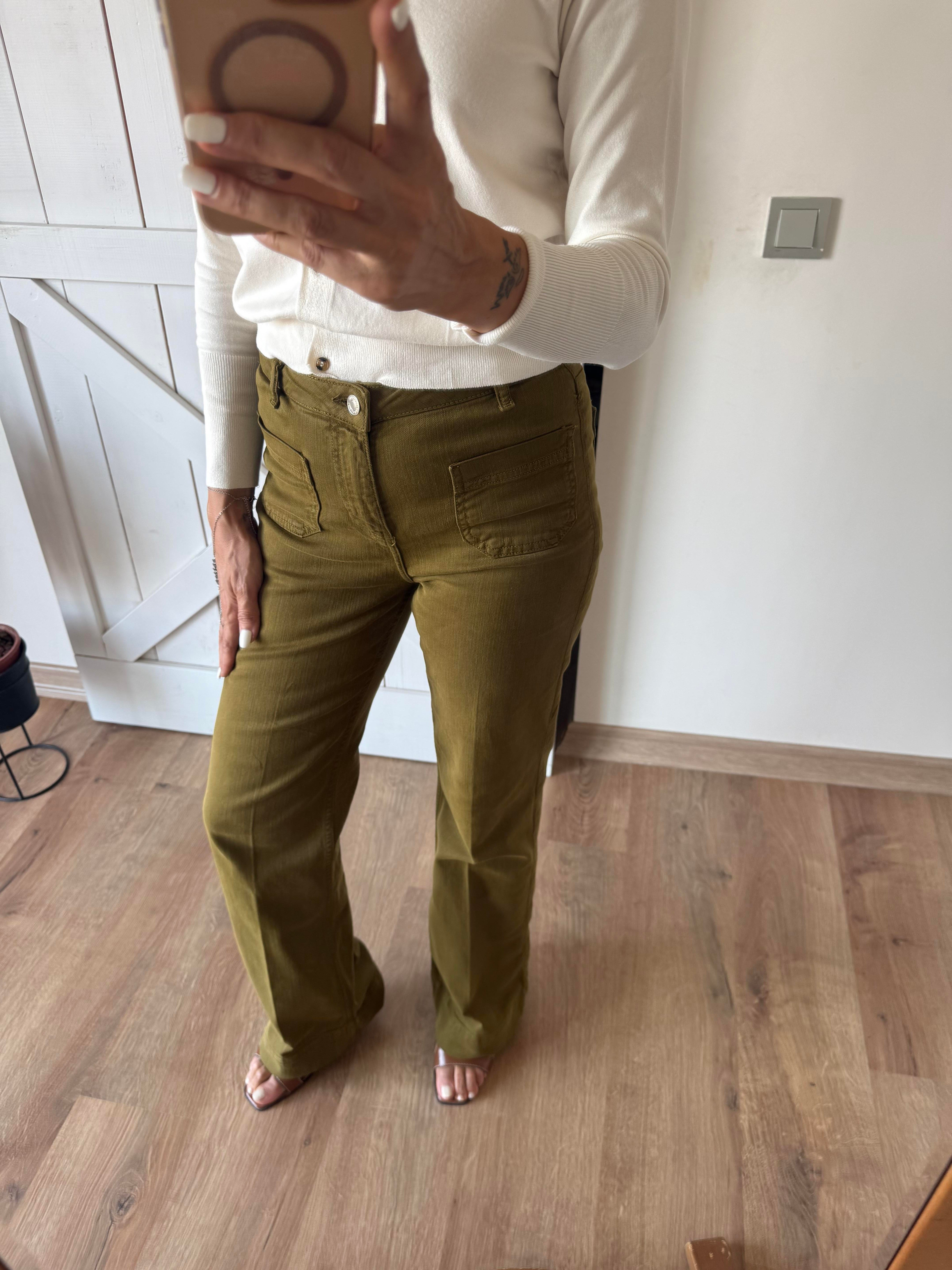 Yüksek Bel Yama Cepli Haki Jean