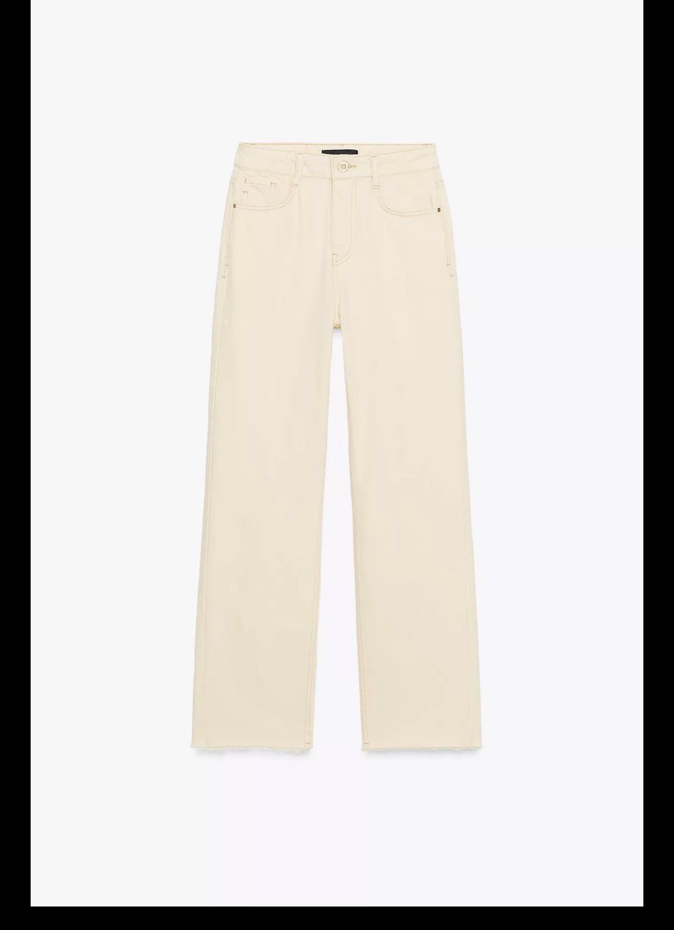 Zr Krem Yüksek Bel Paçası Kesik Likralı Palazzo Jean Pantolon