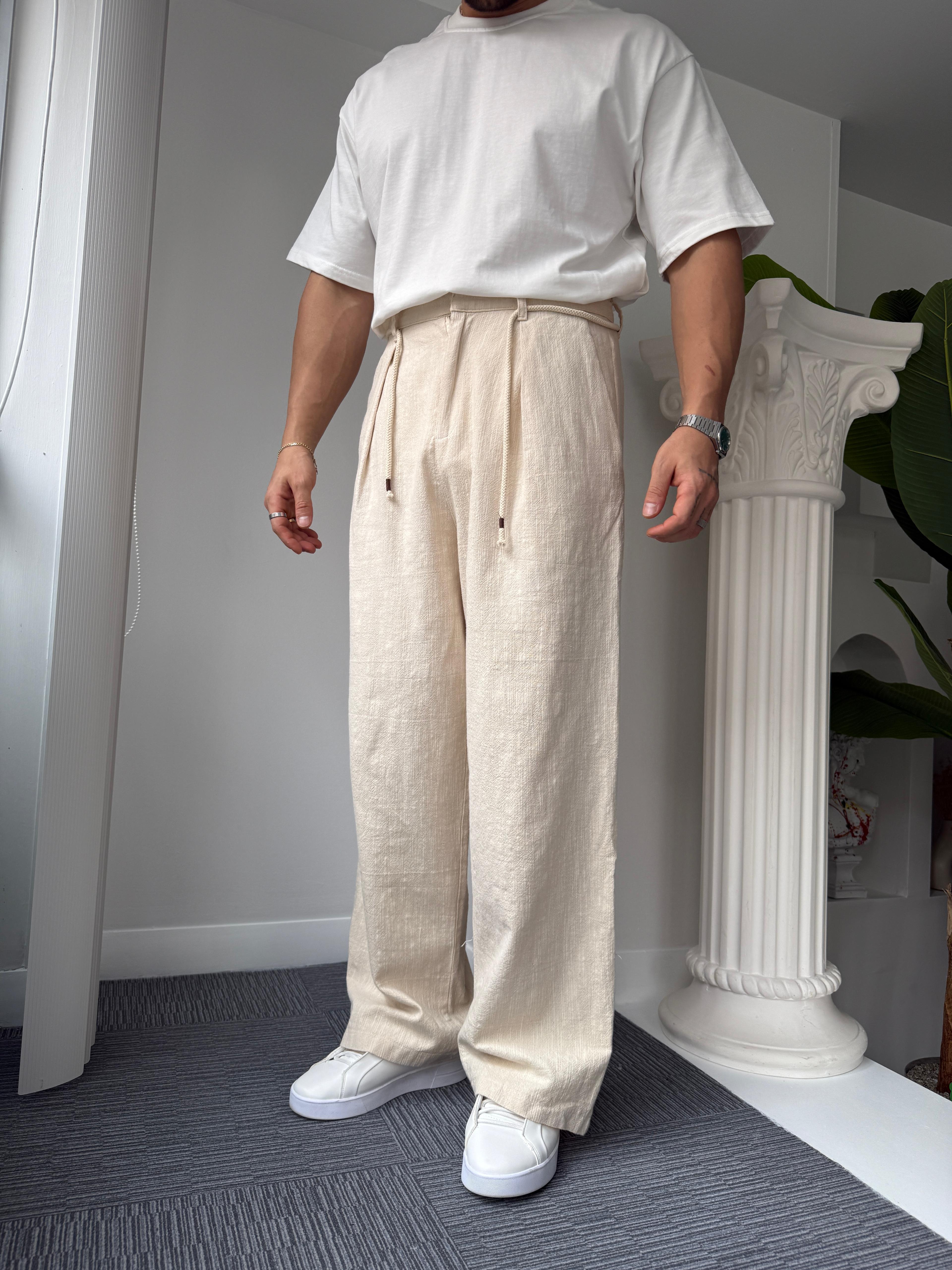 Bej Ekstra Baggy Bağcıklı Linen Pantolon