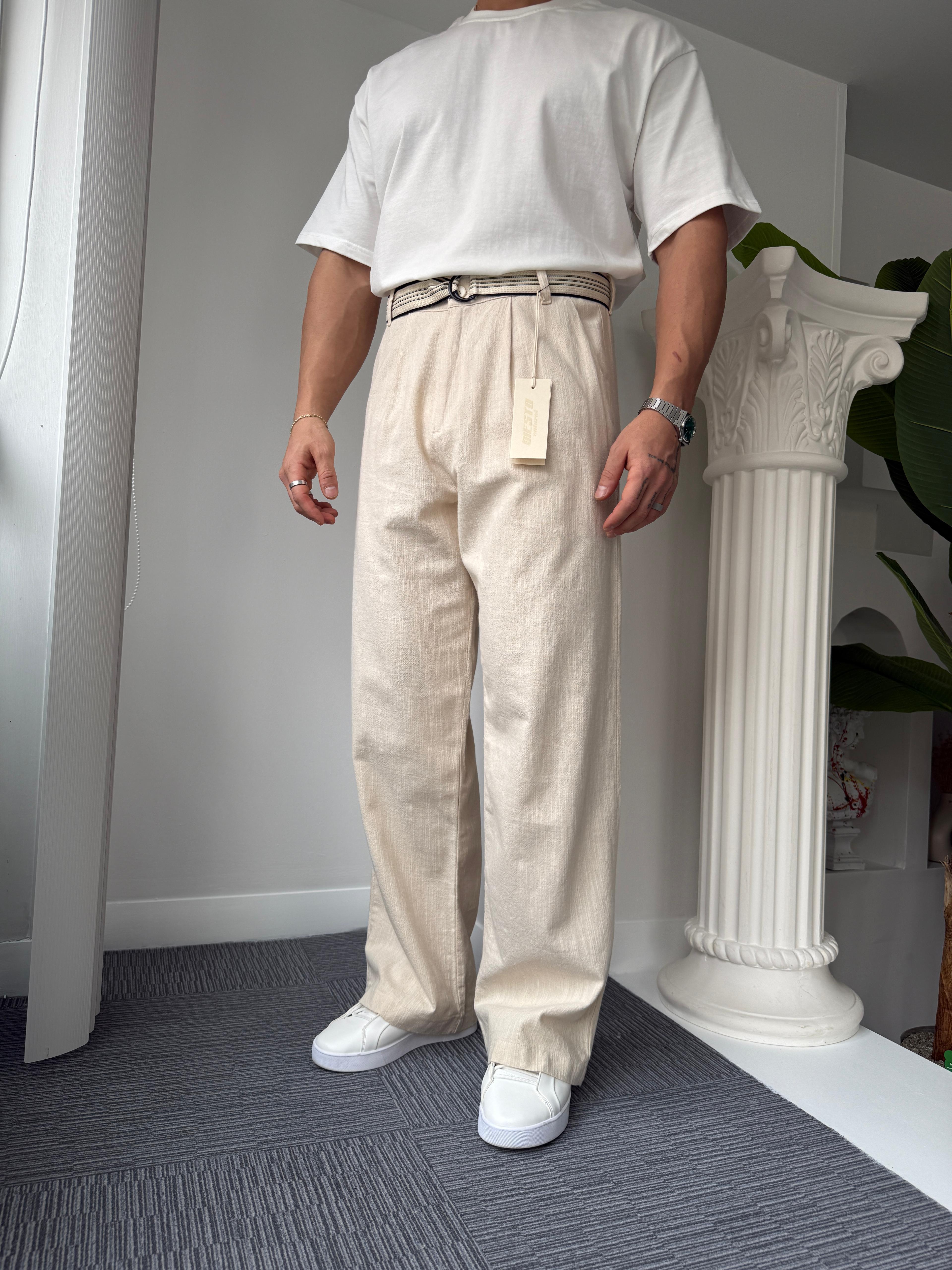 Bej GG Kemerli Linen Pantolon