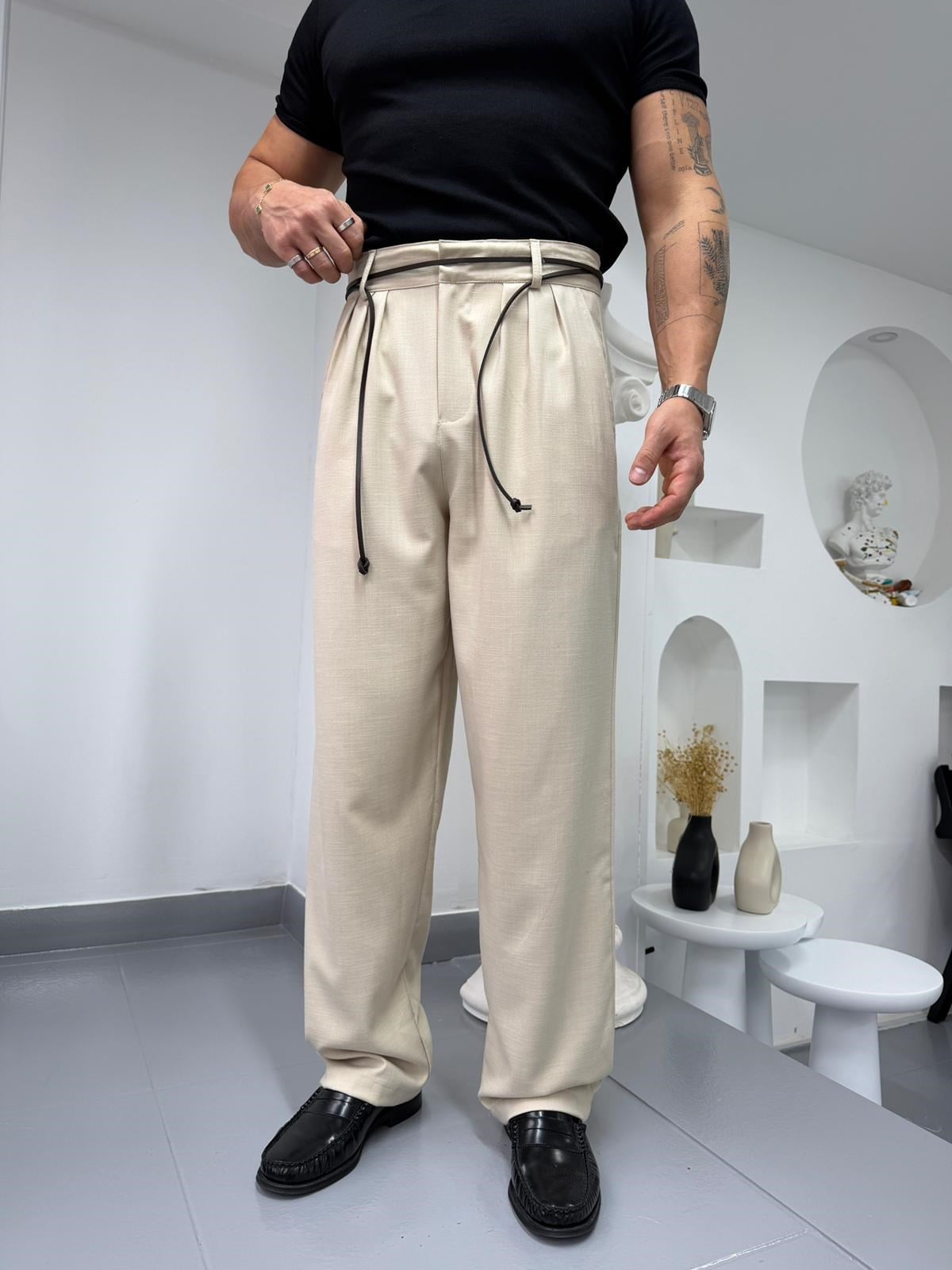 Bej GG Shadow Flow Baggy Kumaş Pantolon