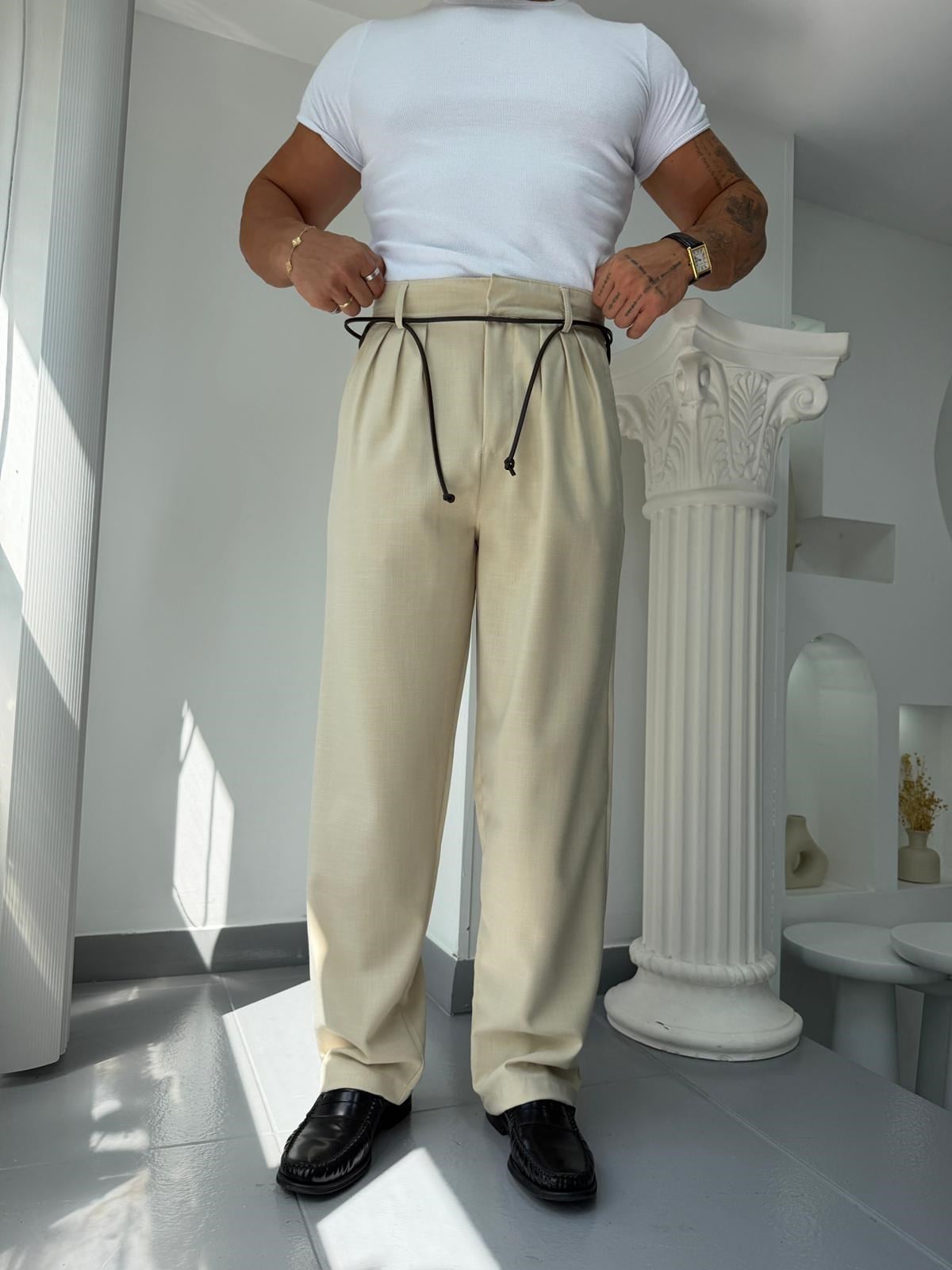 Bej GG Shadow Yüksek Bel Kumaş Pantolon
