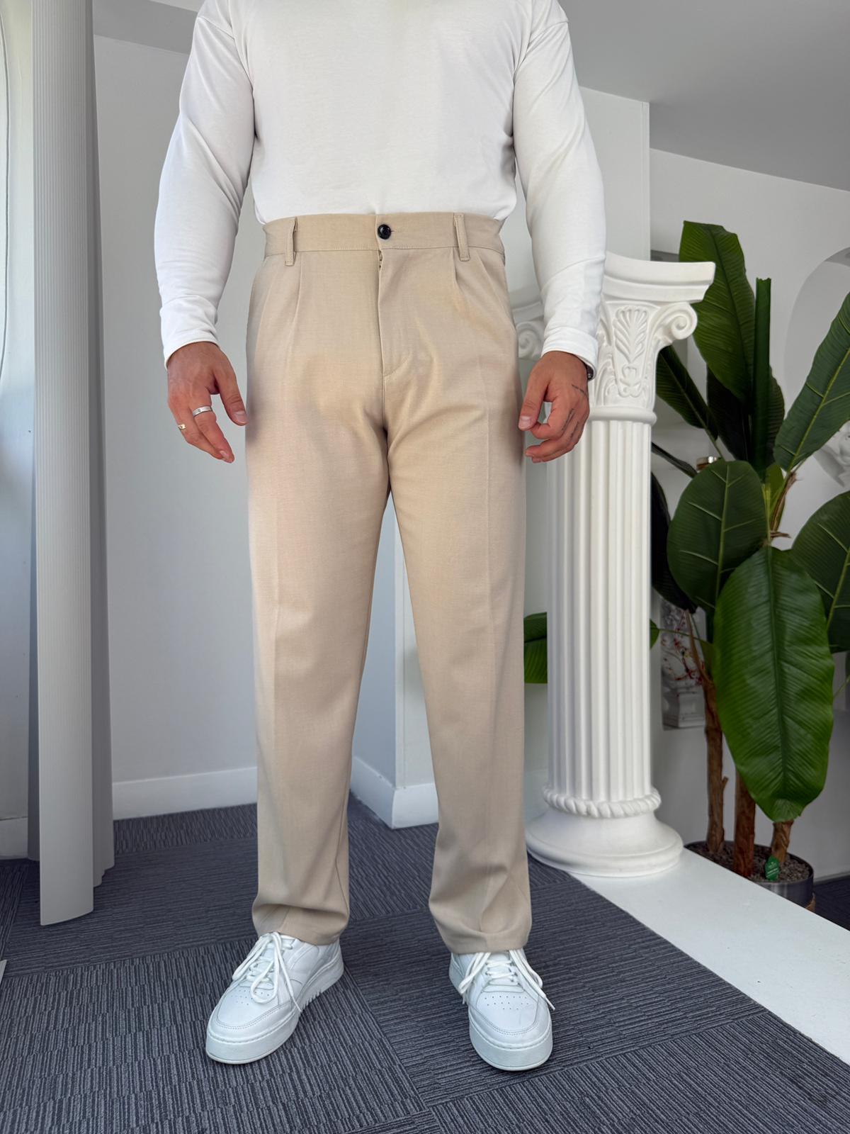 Bej Pileli Baggy Kumaş Pantolon 