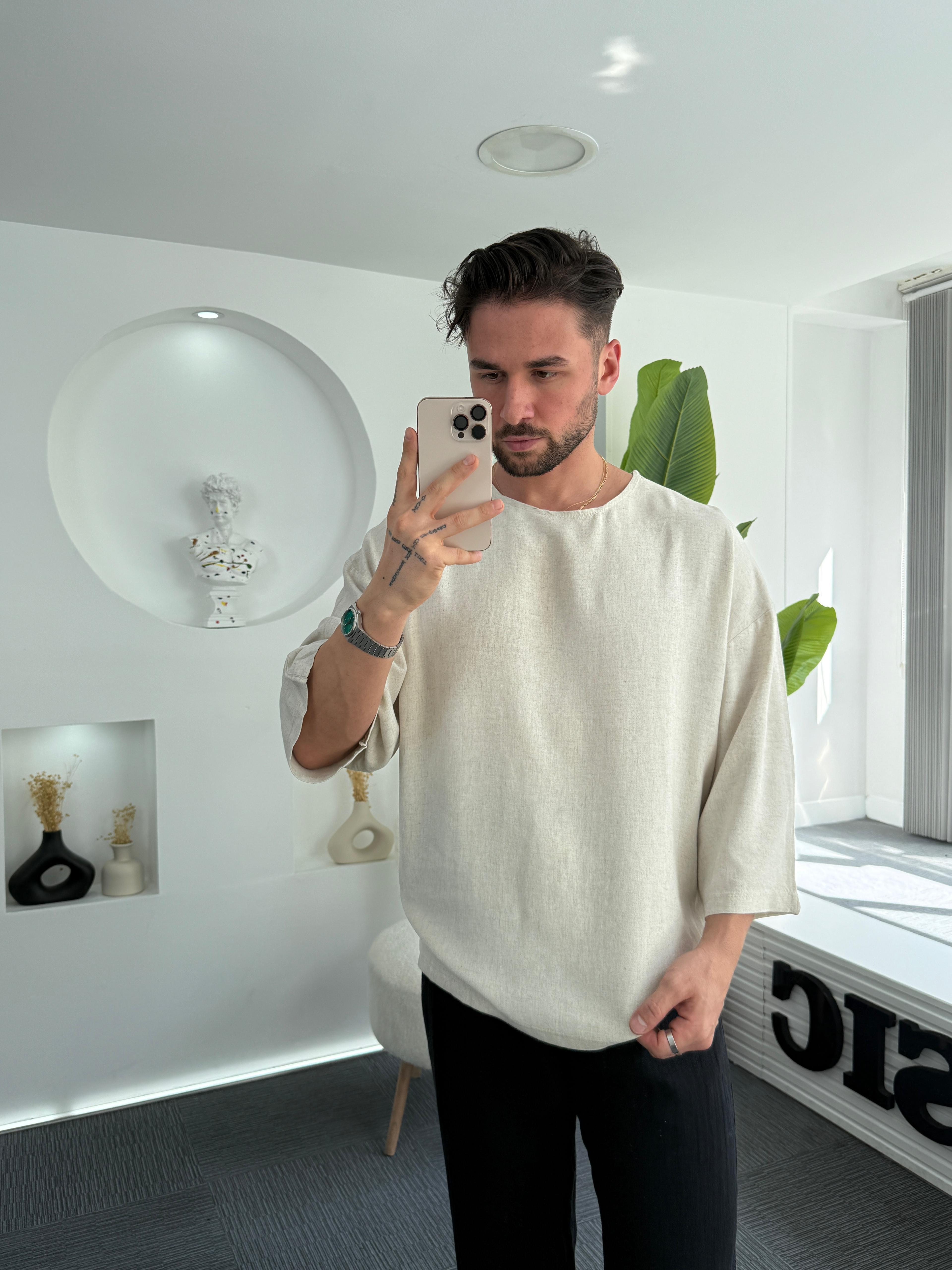 Bej Viscon Keten GG Fakir Kol T-Shirt Bej