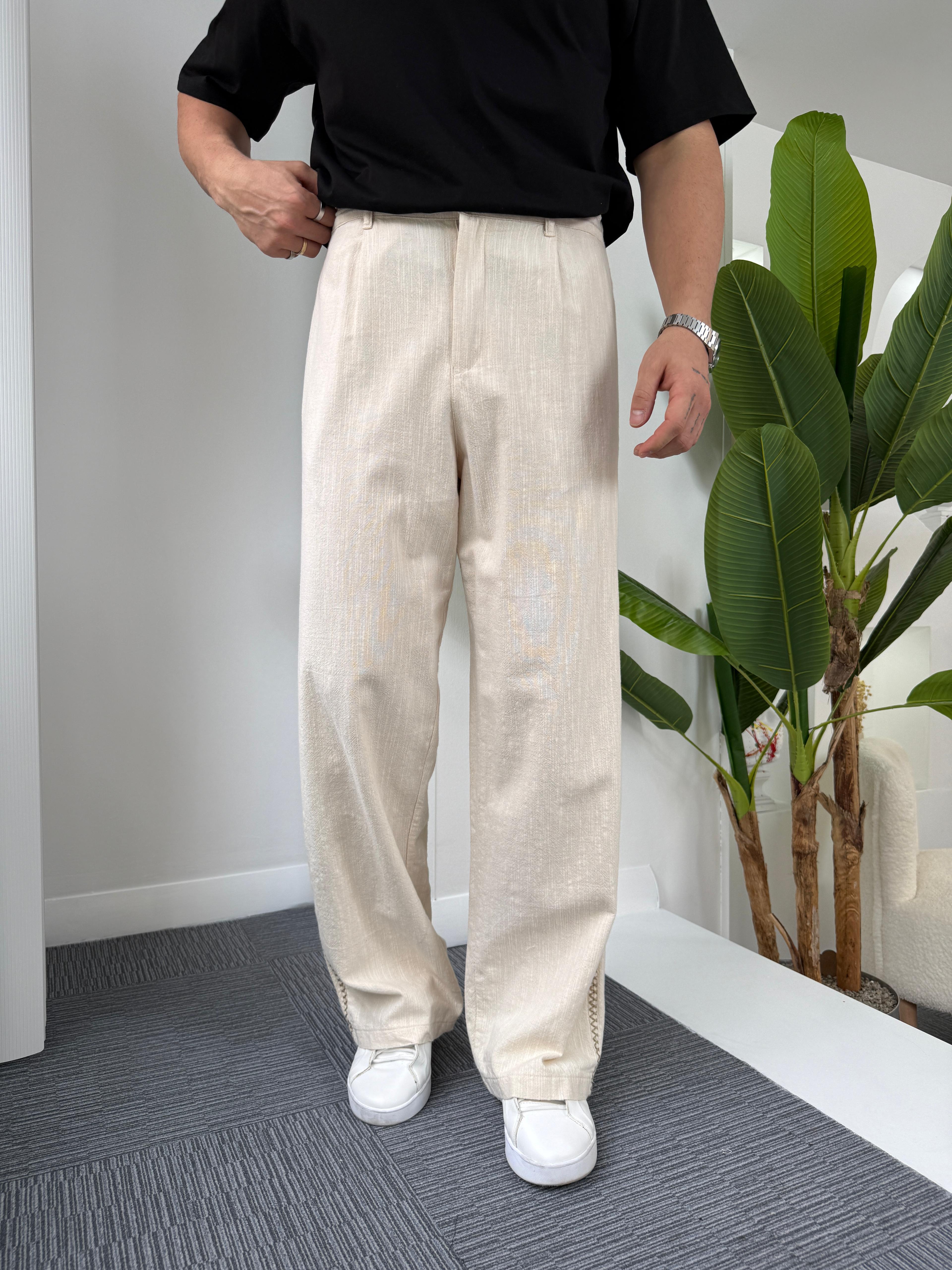 Bej Yan Hasır Şeritli Baggy Keten Pantolon