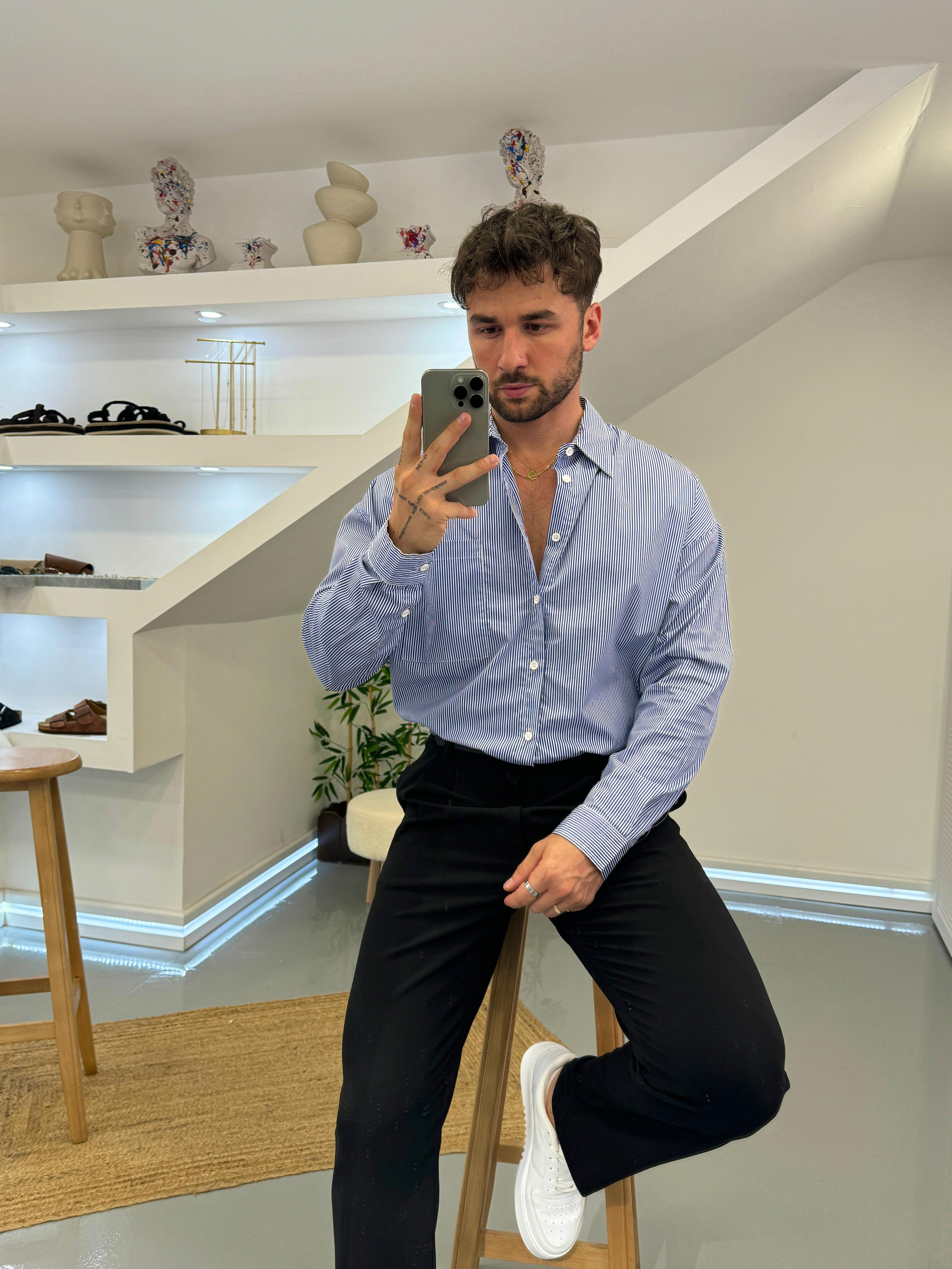 Beyaz Saks İnce Çizgili Stripe Gömlek