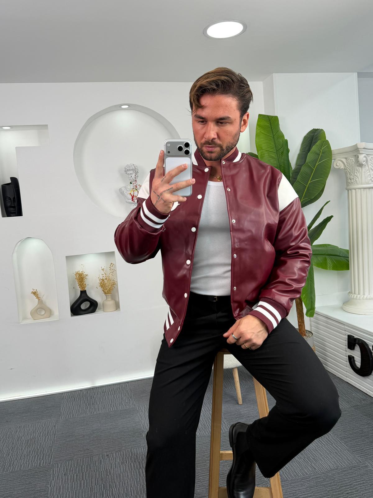 Bordo Suni Deri Kolej Ceket