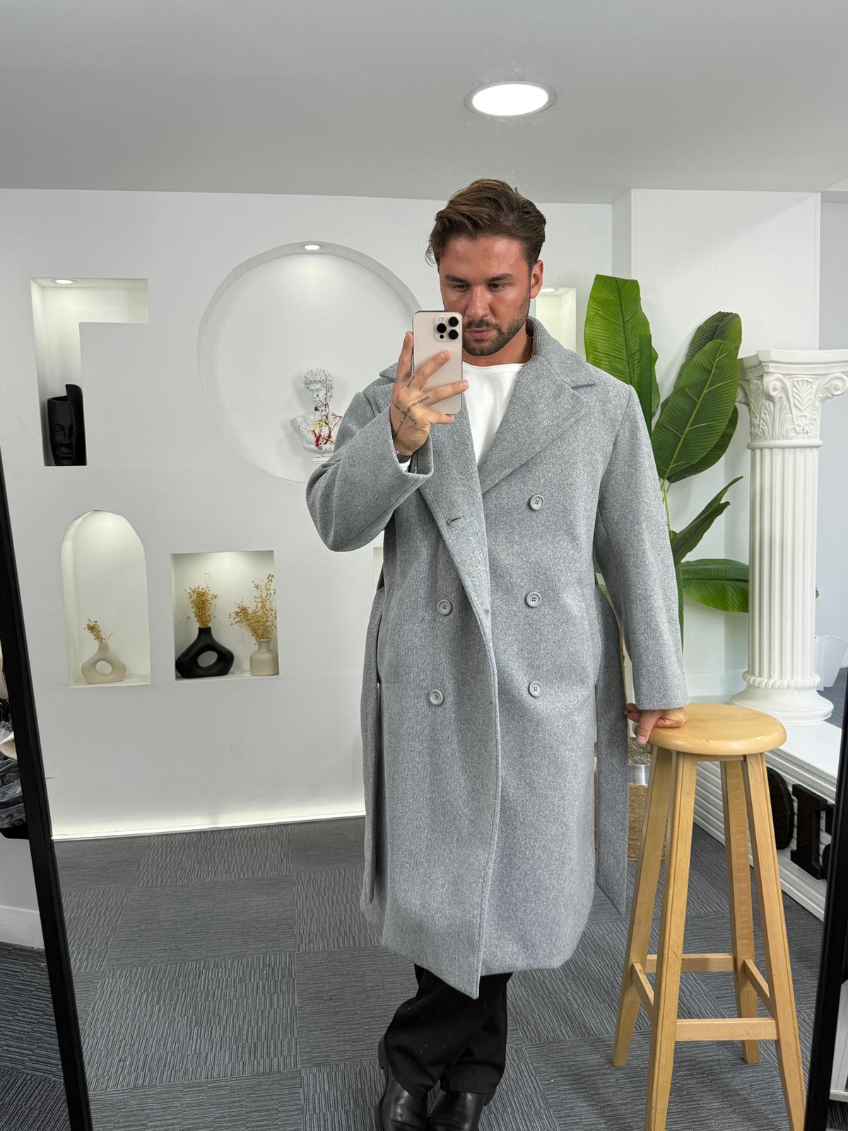 Gri GG Kuşaklı Oversize Kaban