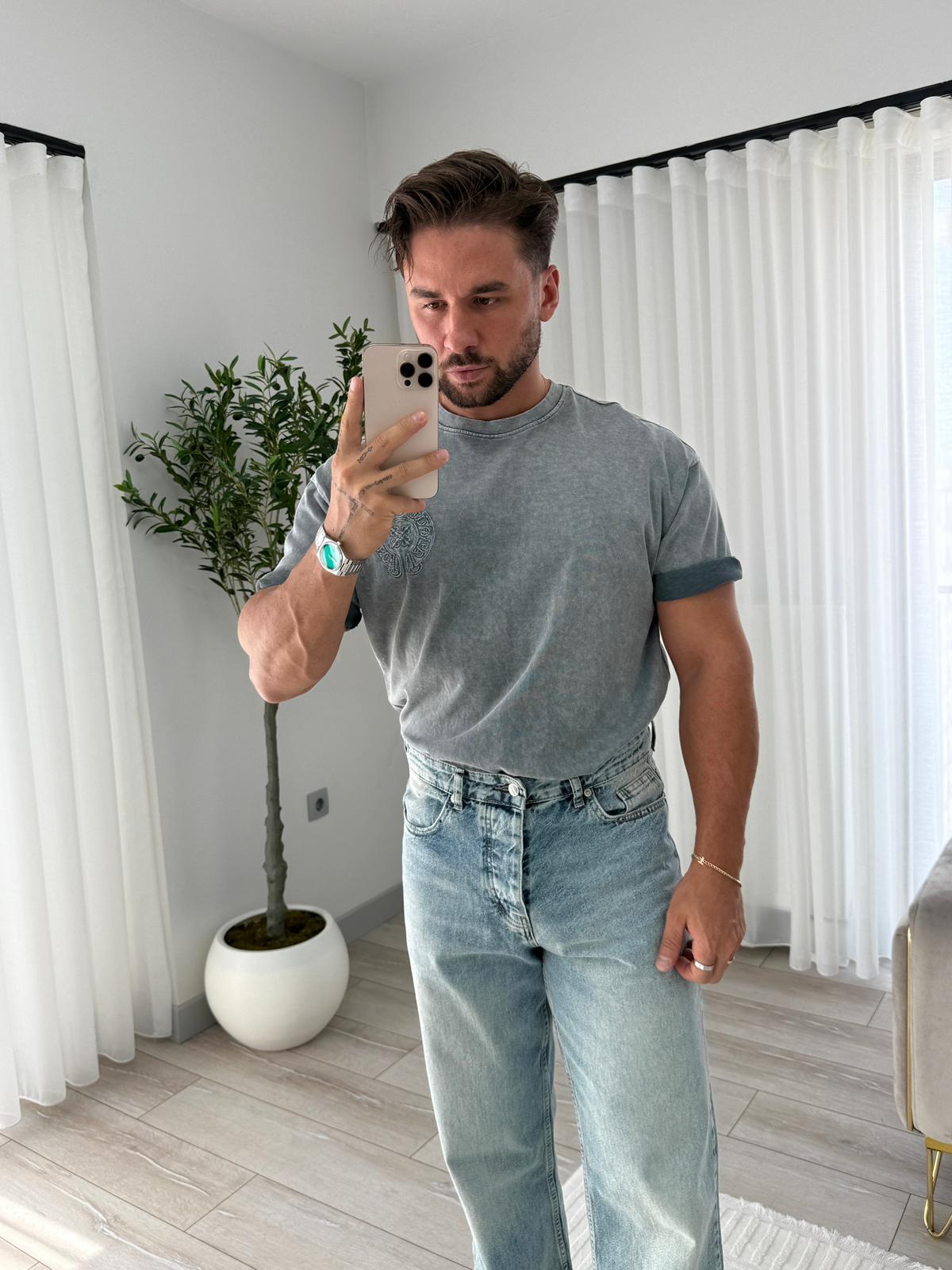 Gri RL Sırt Nakışlı Oversize Tshirt