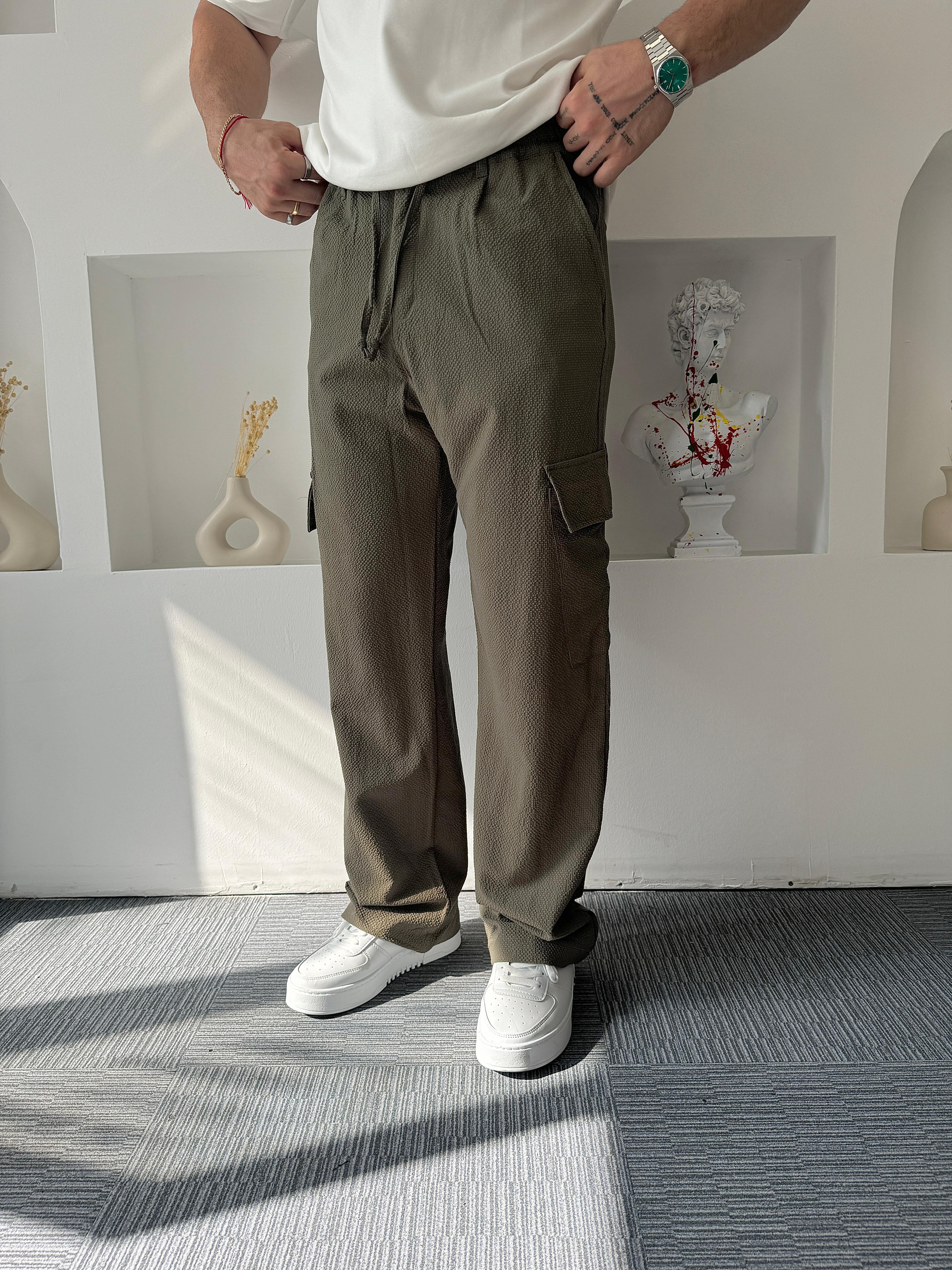 Haki Gofre Kumaş Baggy Kargo Pantolon