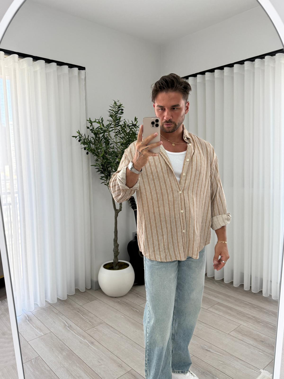 Kahve Çizgili Giesto Oversize Keten Gömlek