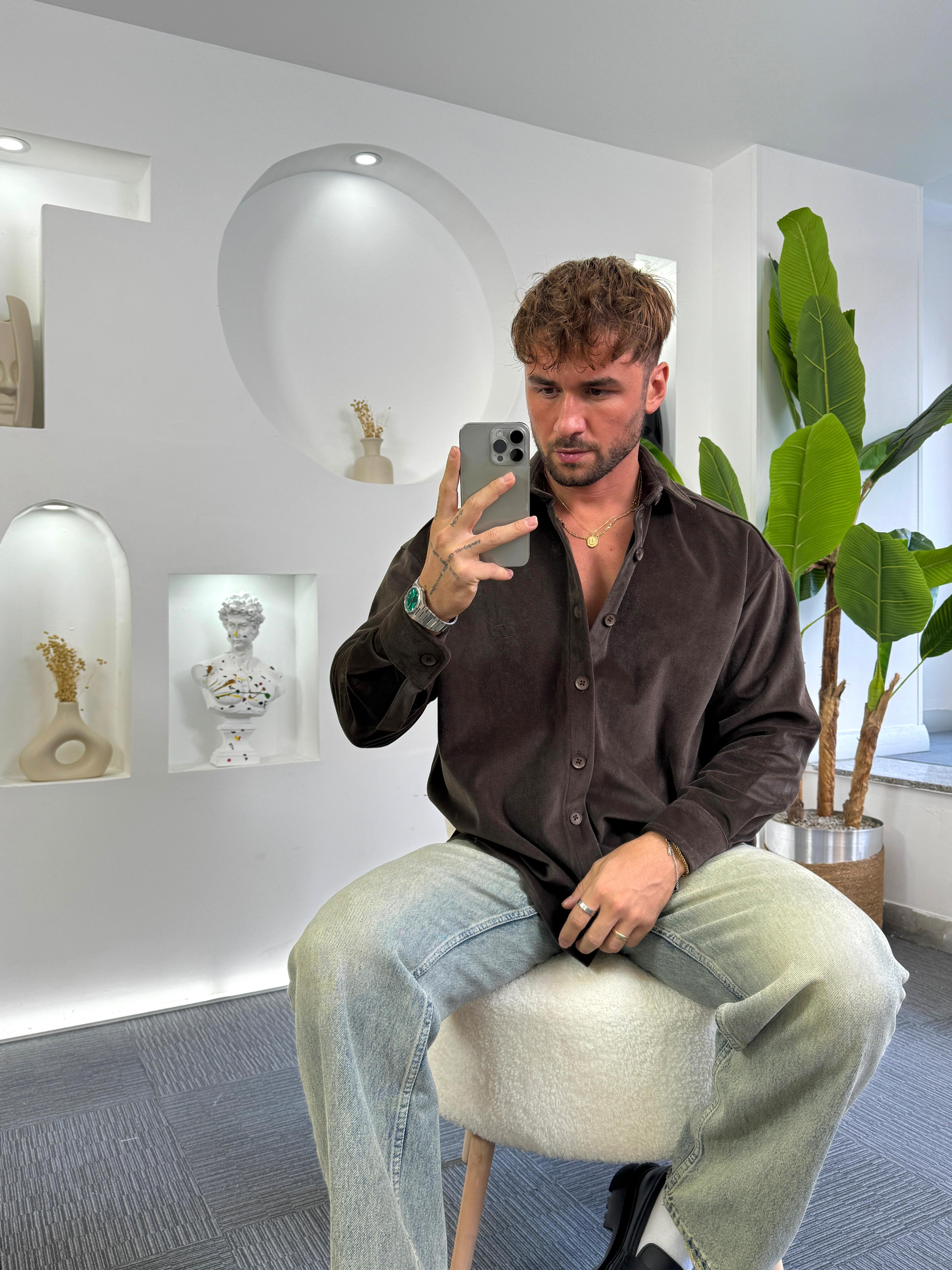 Kahve Giesto Oversize Kaşe Gömlek