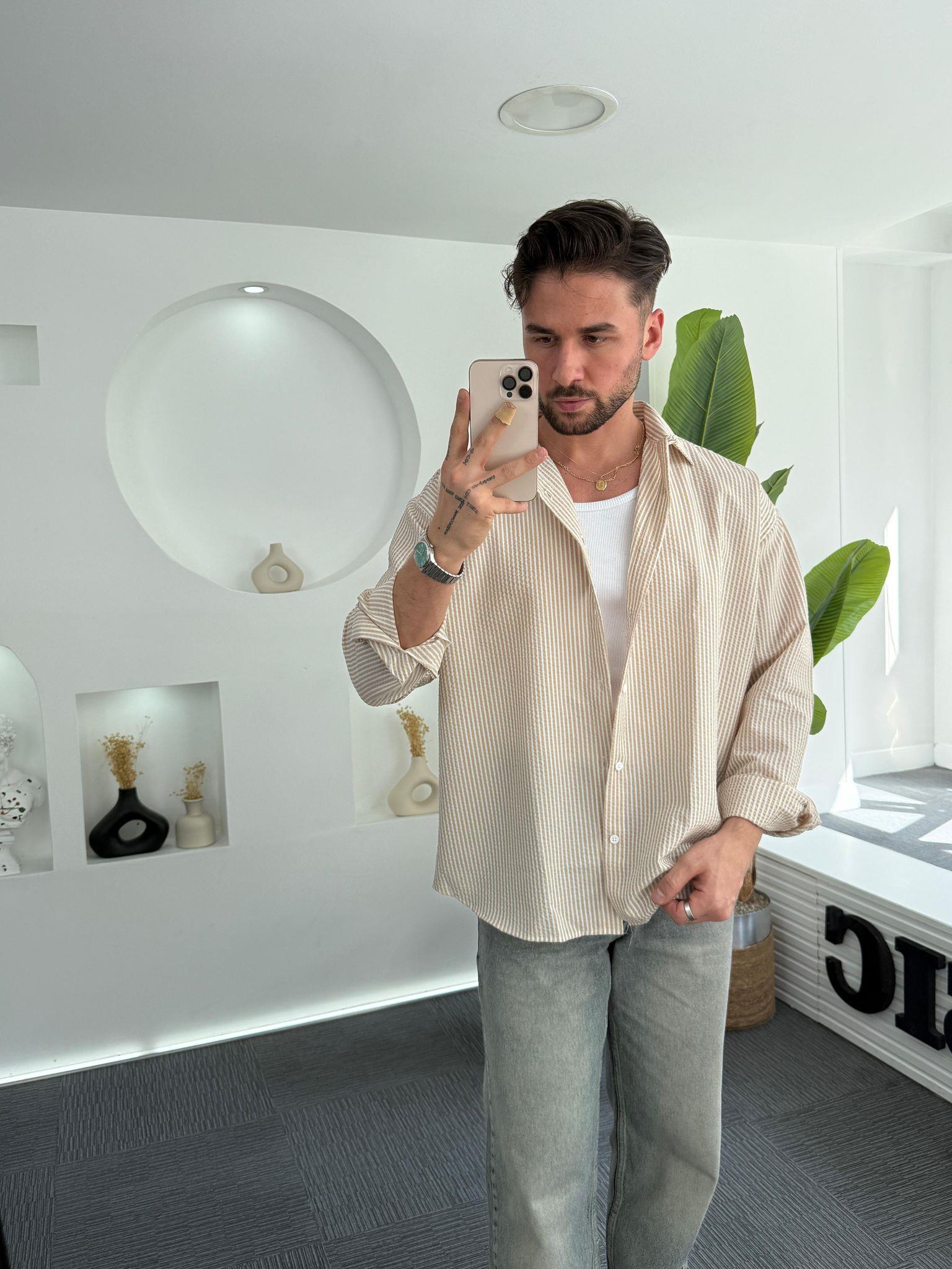 Kahve RL Gofre Kumaş Oversize Gömlek