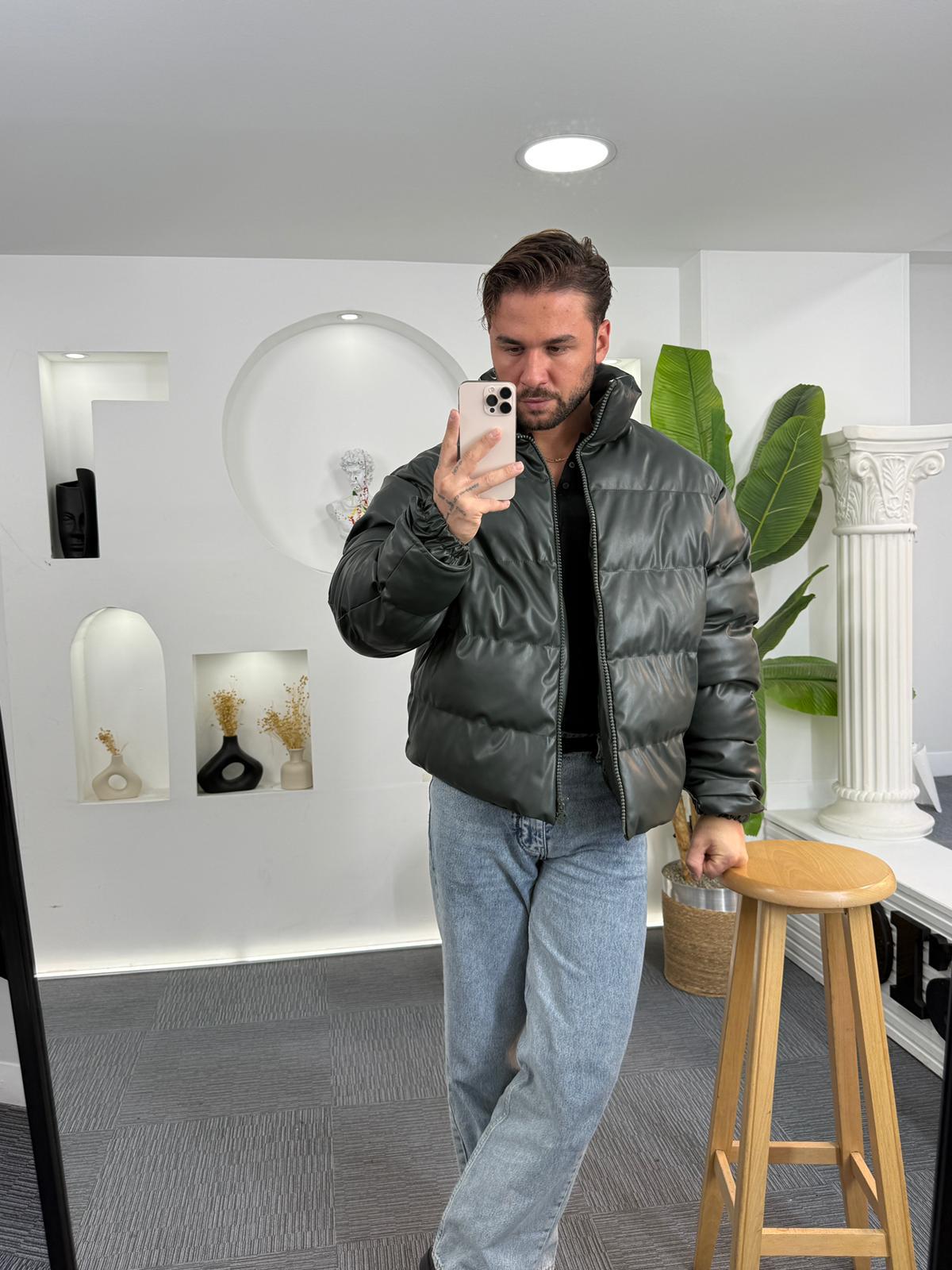Oversize Deri Şişme Mont Haki