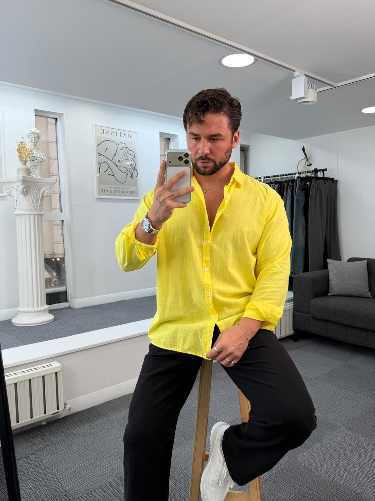 Sarı Giesto Oversize Fresh Keten Gömlek