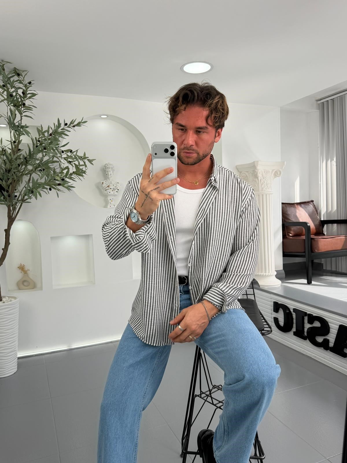 Siyah Çizgili GG Stripe Oversize Gömlek