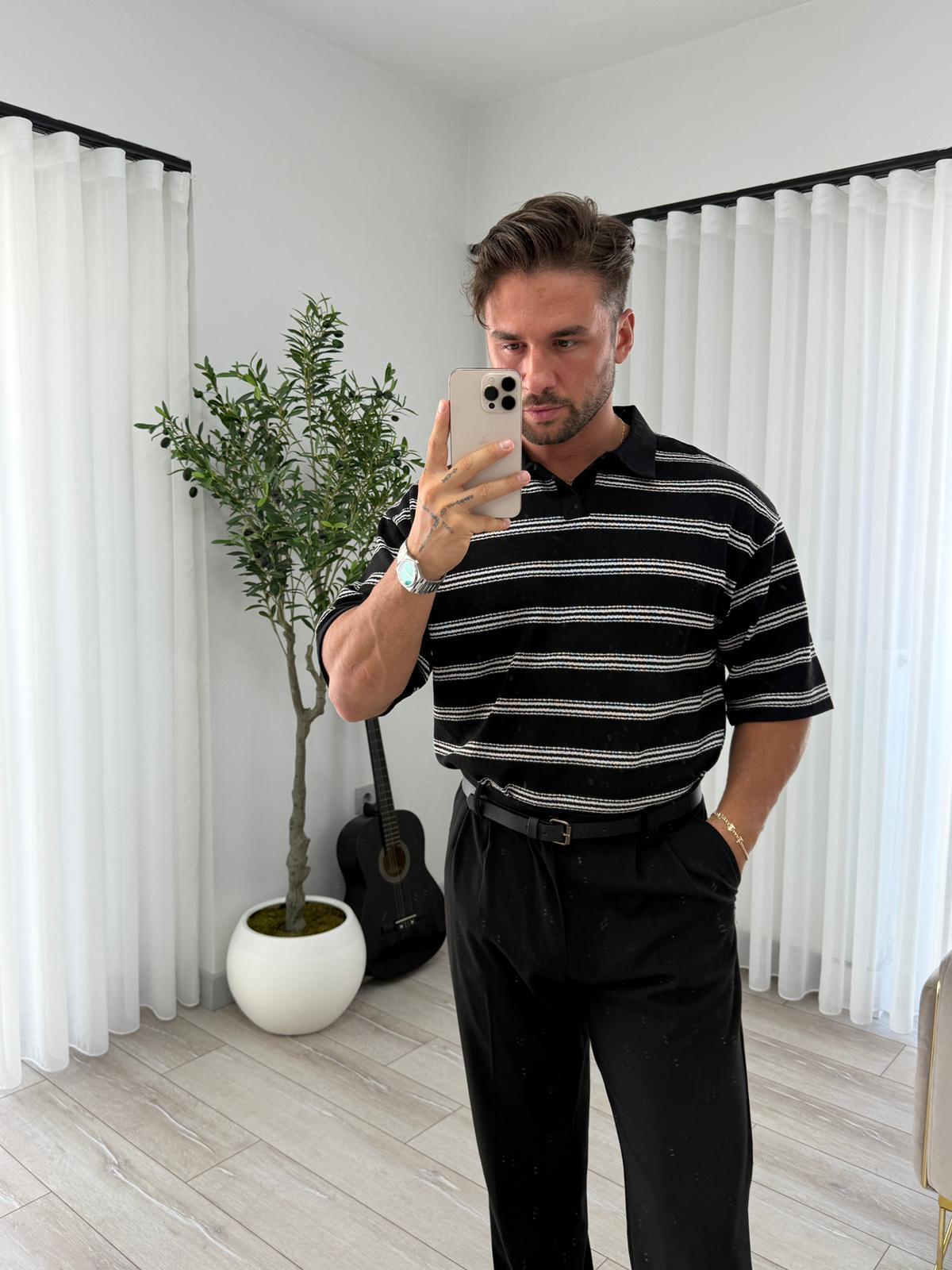 Siyah Ekru RL Şeritli Polo Yaka Triko