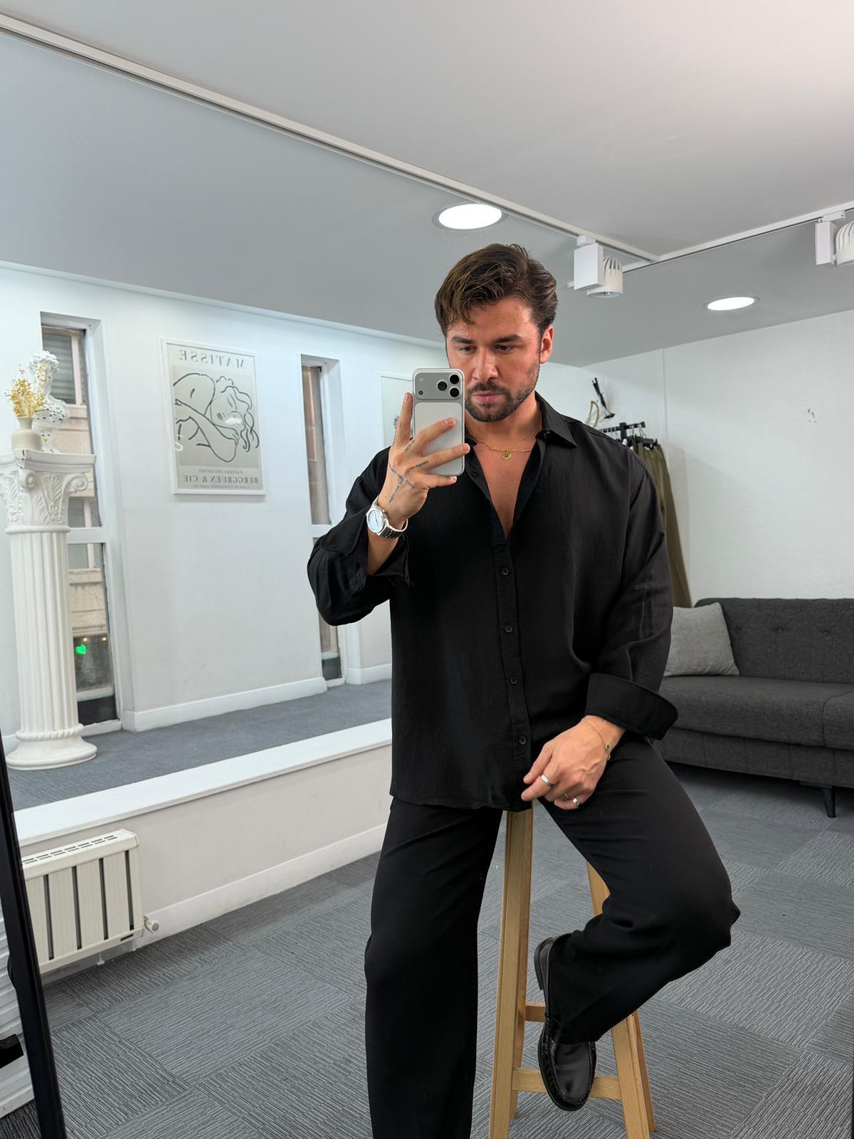 Siyah GG Armür Çizgili Oversize Tensel Gömlek