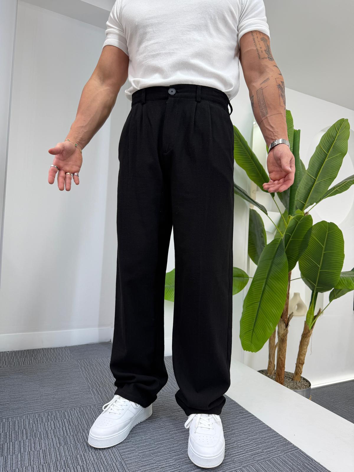 Siyah GG Düğmeli Baggy Keten Pantolon