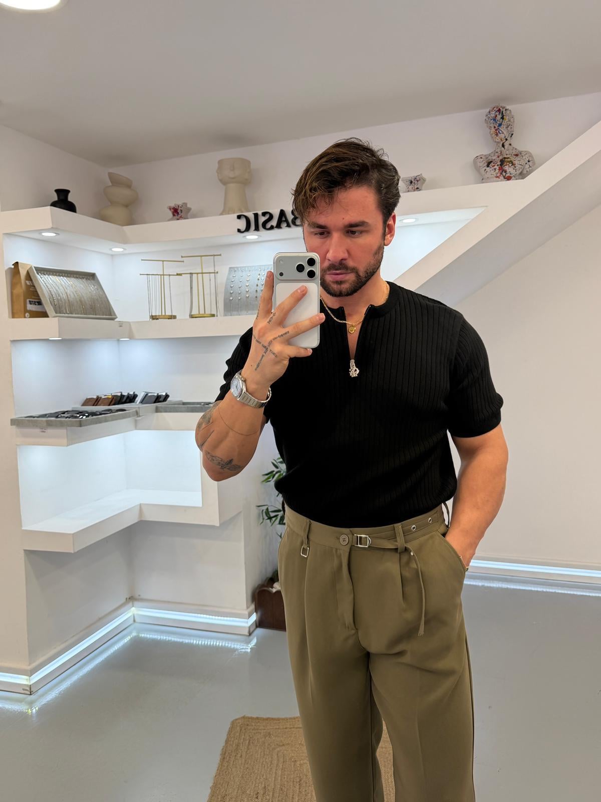 Siyah GG Fitilli Fermuarlı Triko