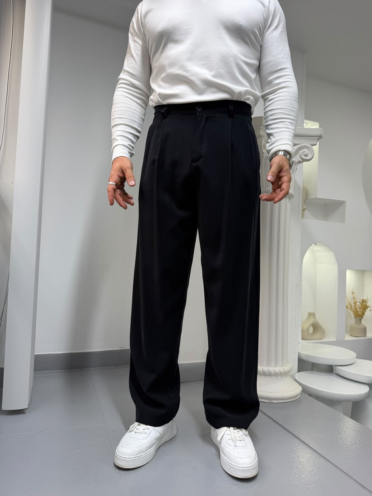Siyah GG Kışlık Pileli Modal Kumaş Pantolon