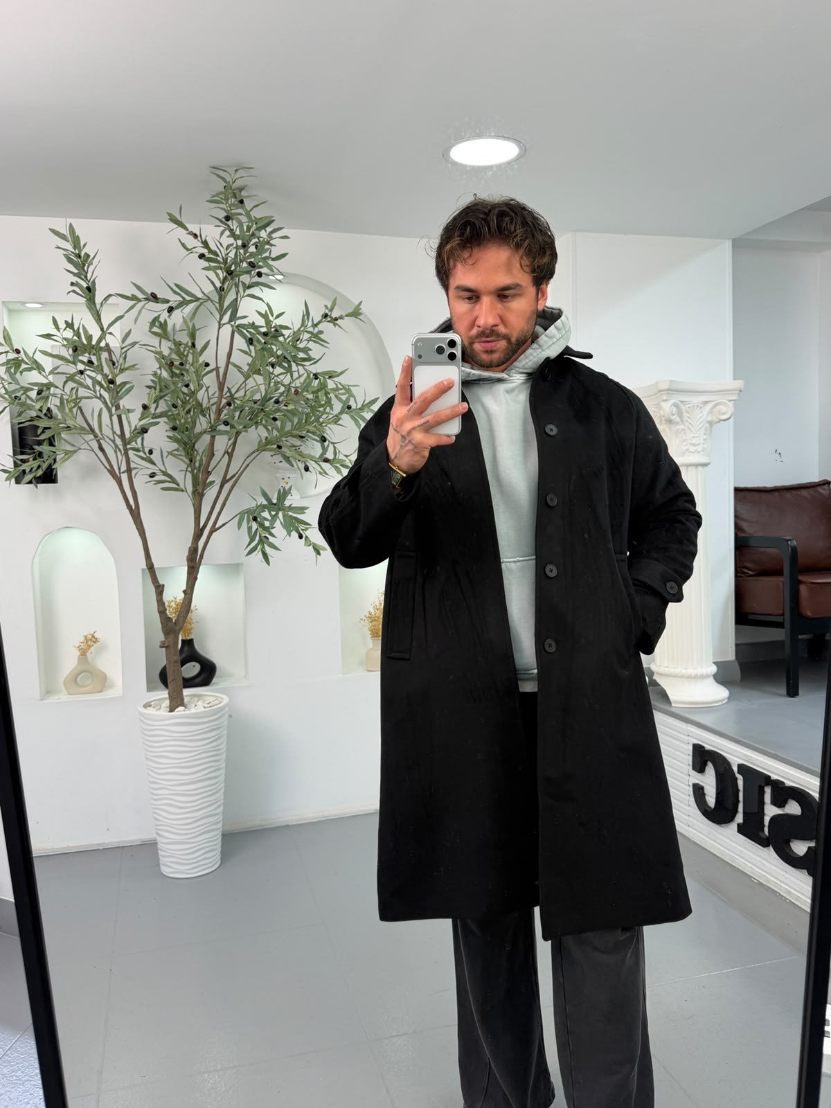 Siyah GG Oversize Basic Kaşe Kaban