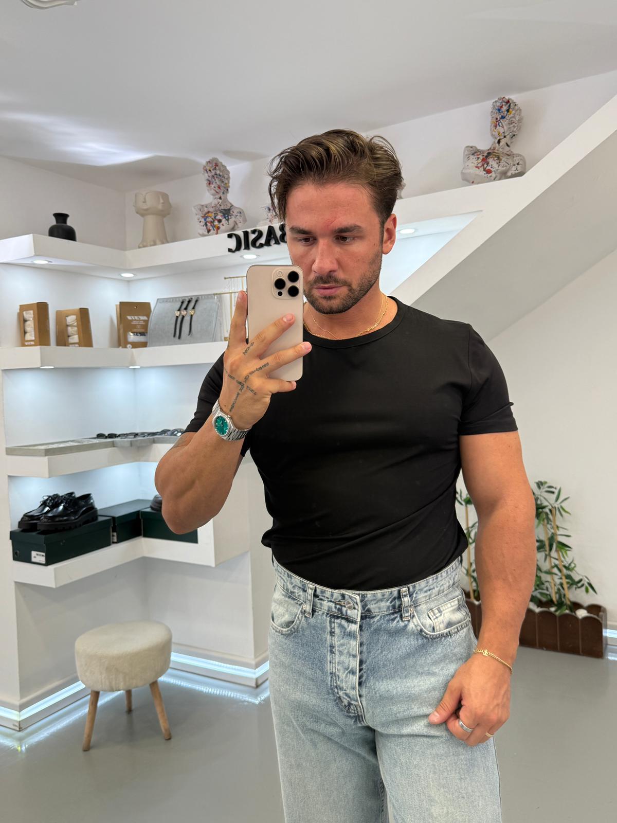 Siyah Oysh Kumaş Slim Fit T-Shirt