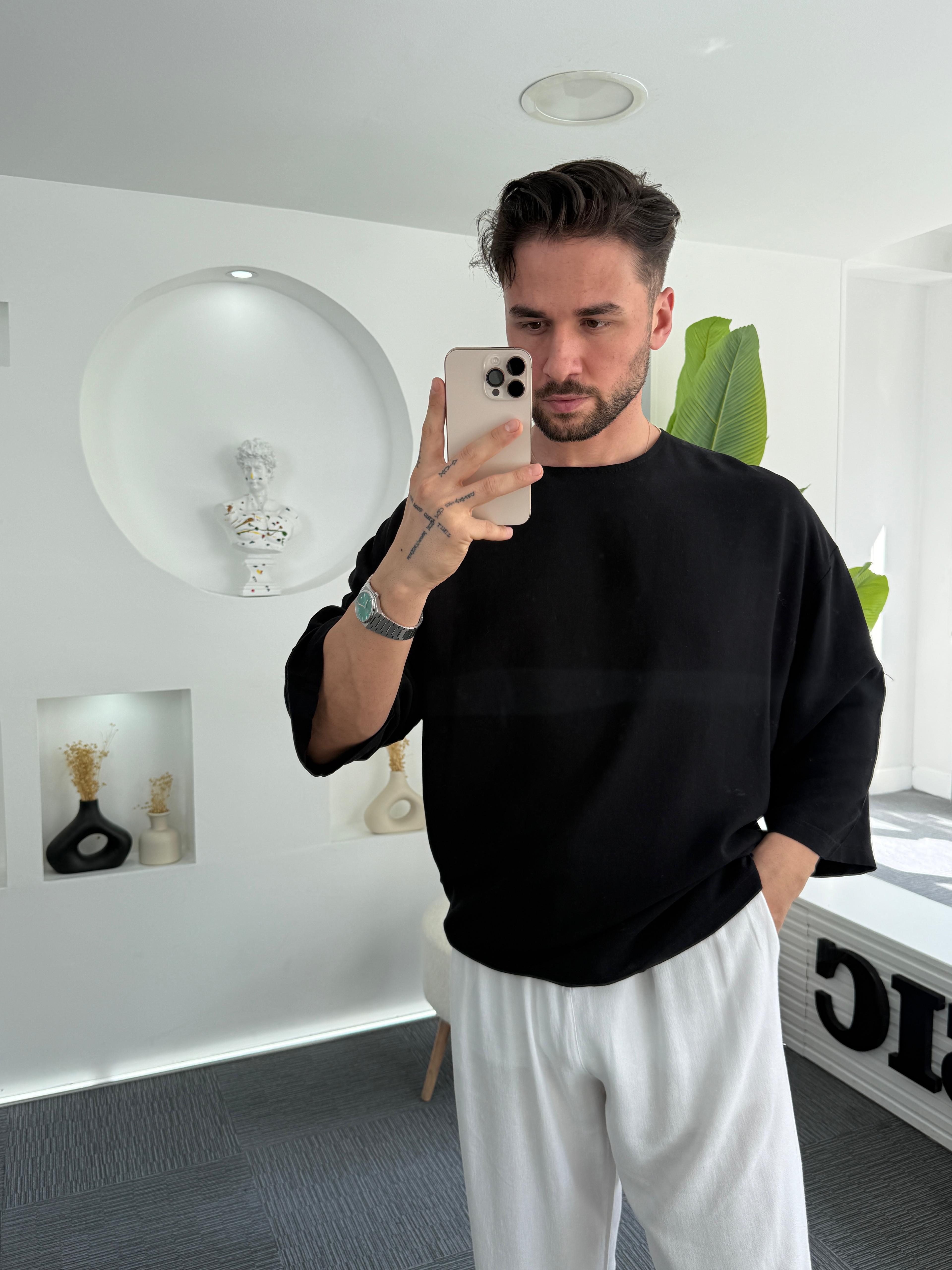 Viscon Keten GG Fakir Kol T-Shirt Siyah