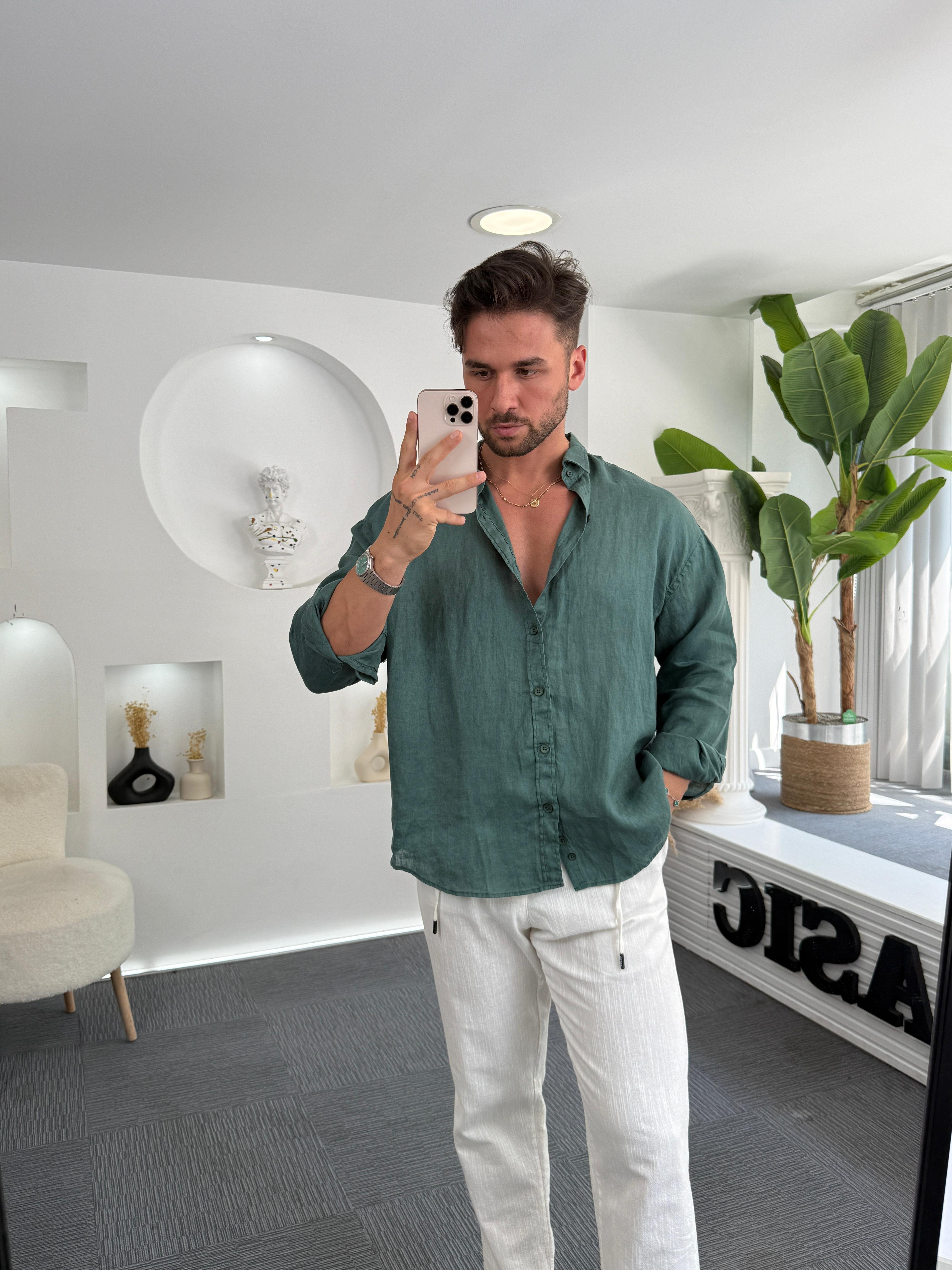 Yeşil %100 Linen Oversize GG Gömlek