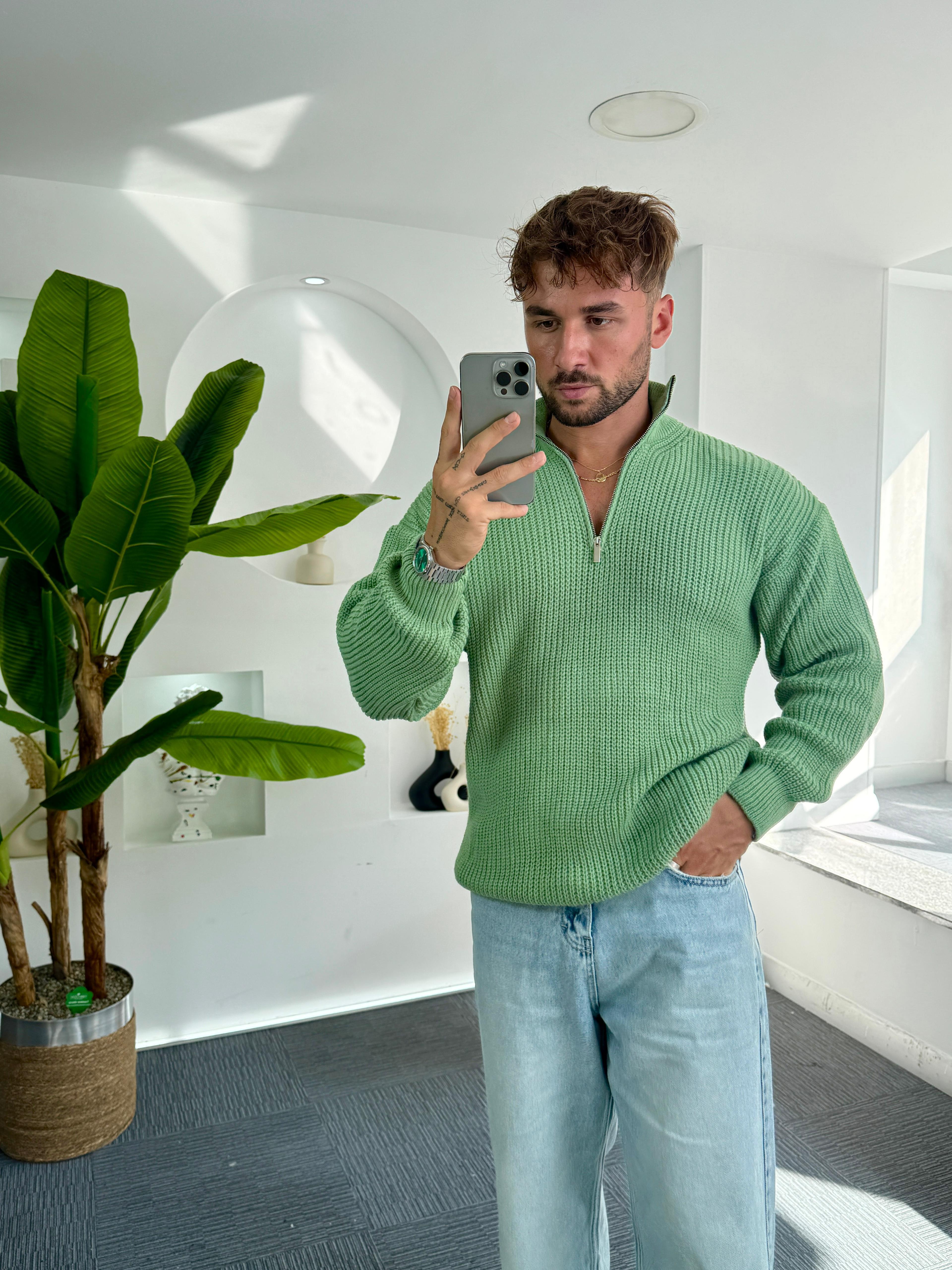 Yeşil Fermuarlı Oversize Örgü Kazak