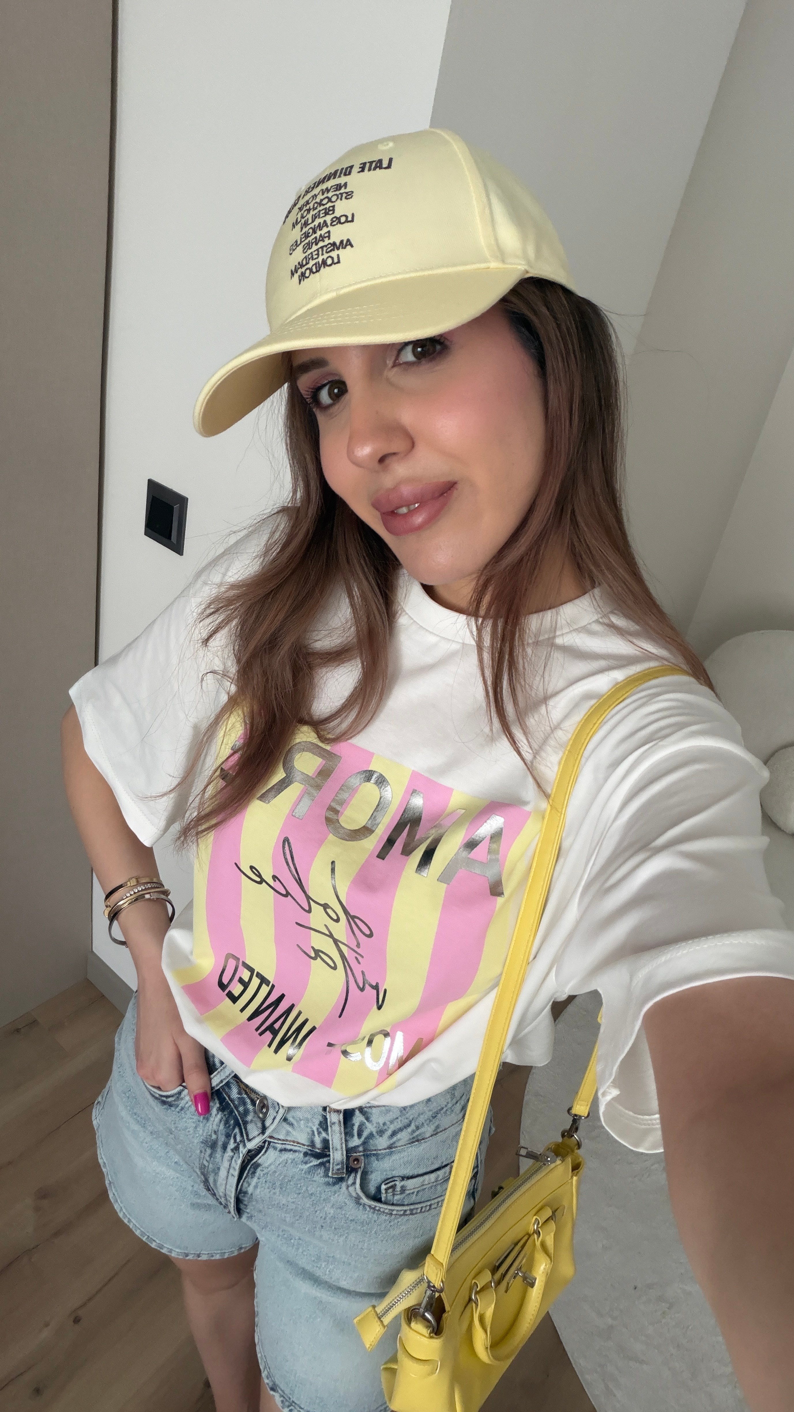 %100 PAMUK PEMBE SARI BASKILI TSHİRT