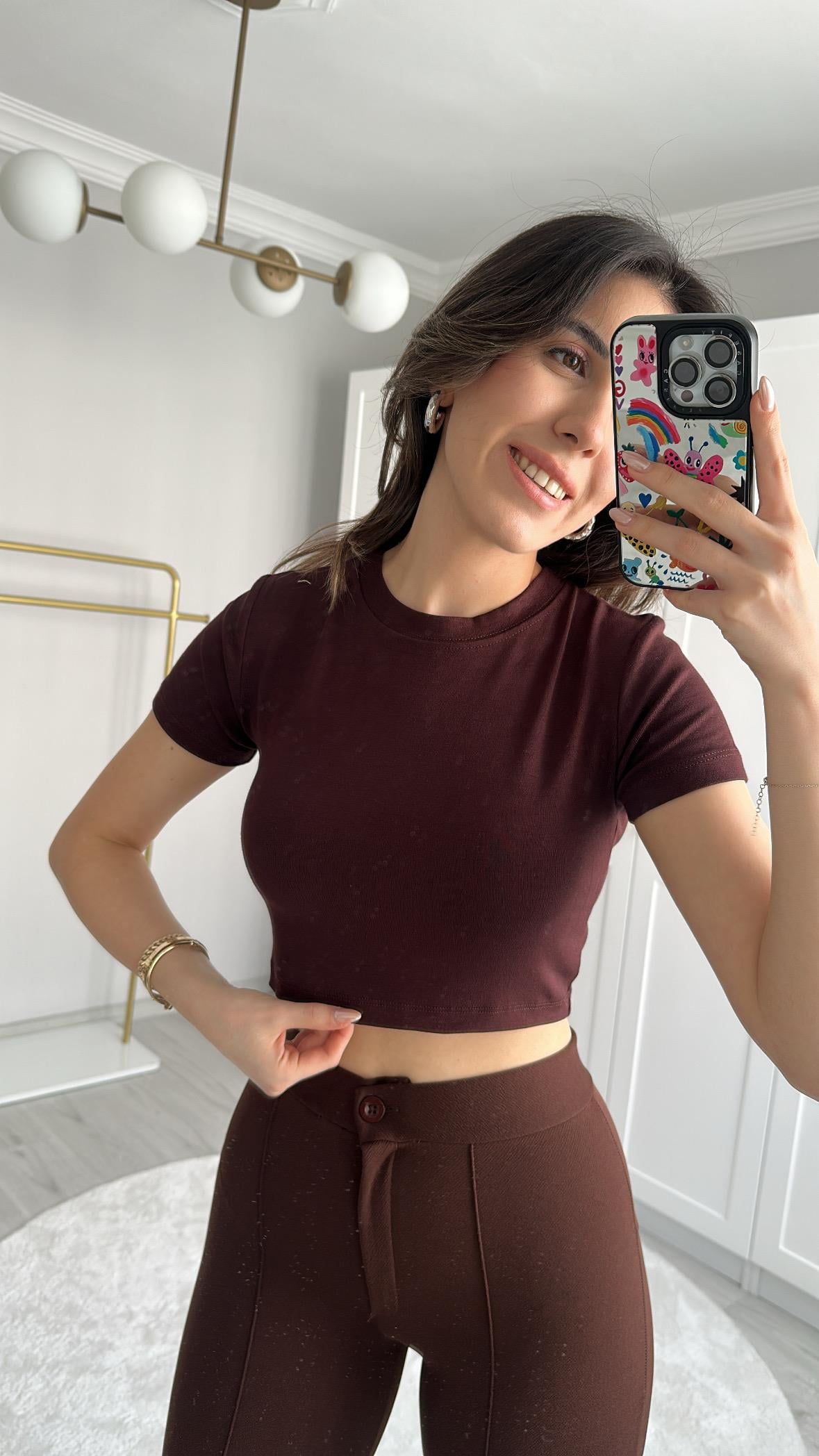 OYS KUMAŞ LİKRALI KAHVERENGİ CROP