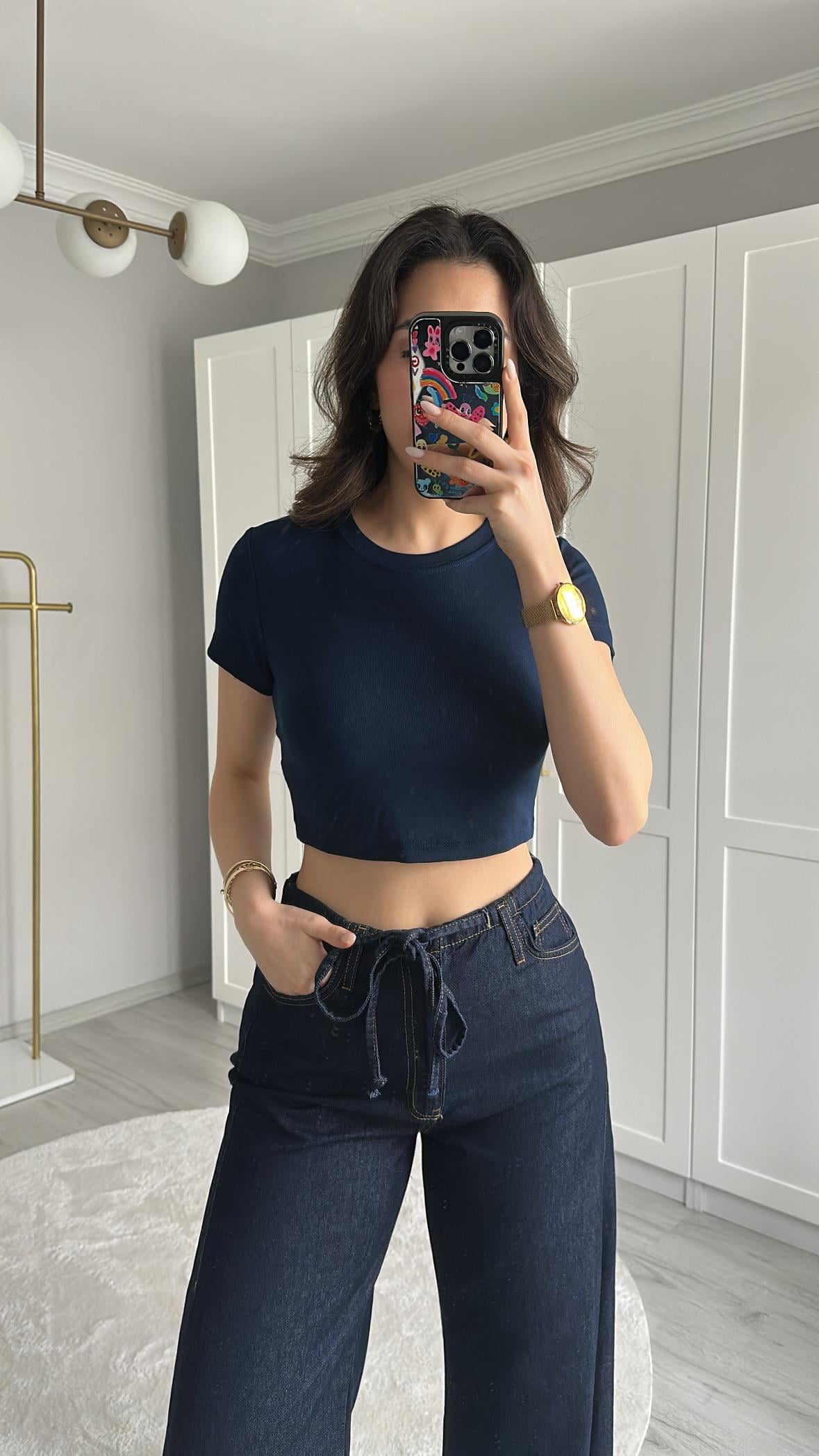 OYS KUMAŞ LİKRALI LACİVERT CROP