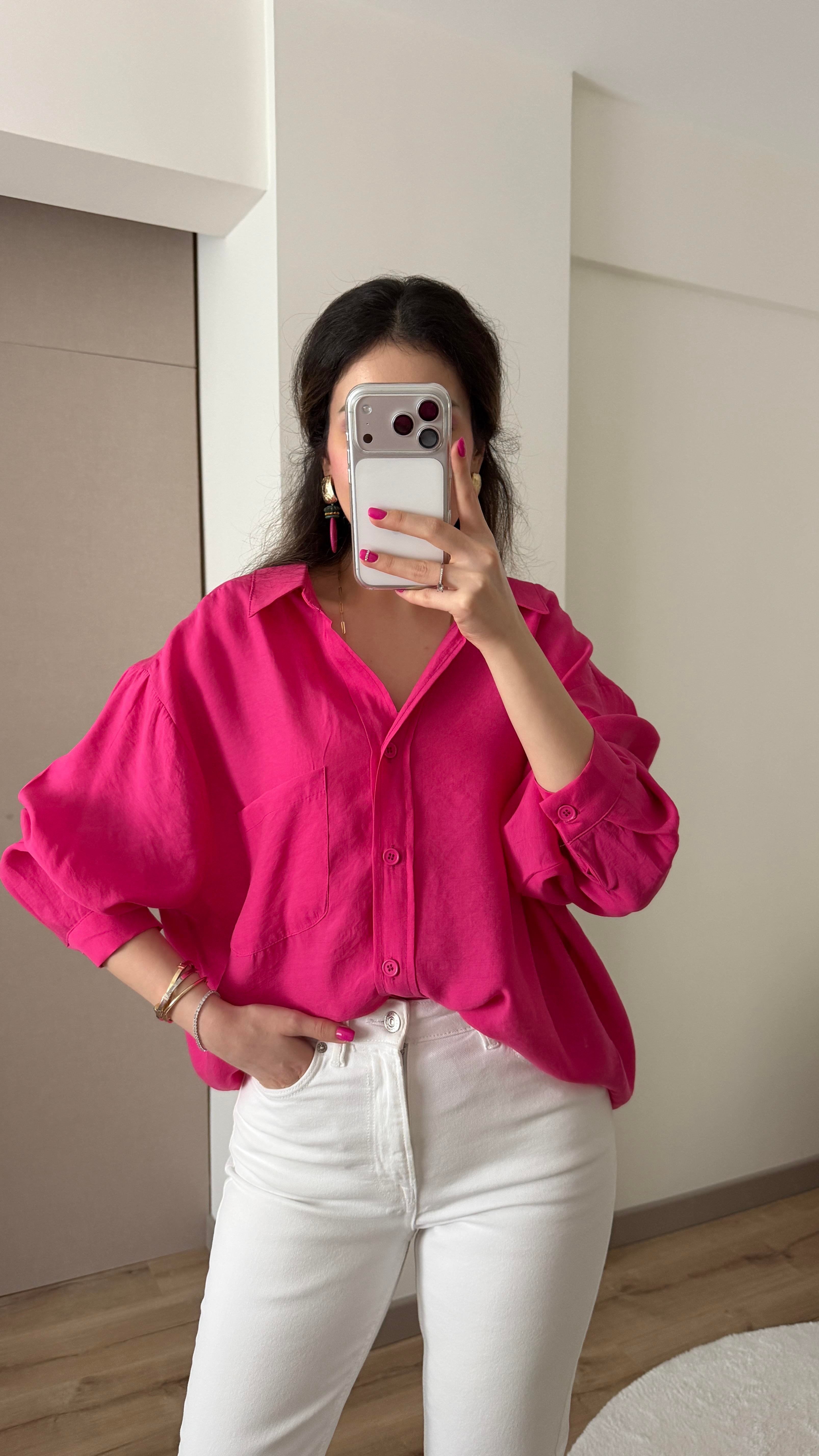 TENSEL KUMAŞ OVERSİZE KOYU PEMBE GÖMLEK