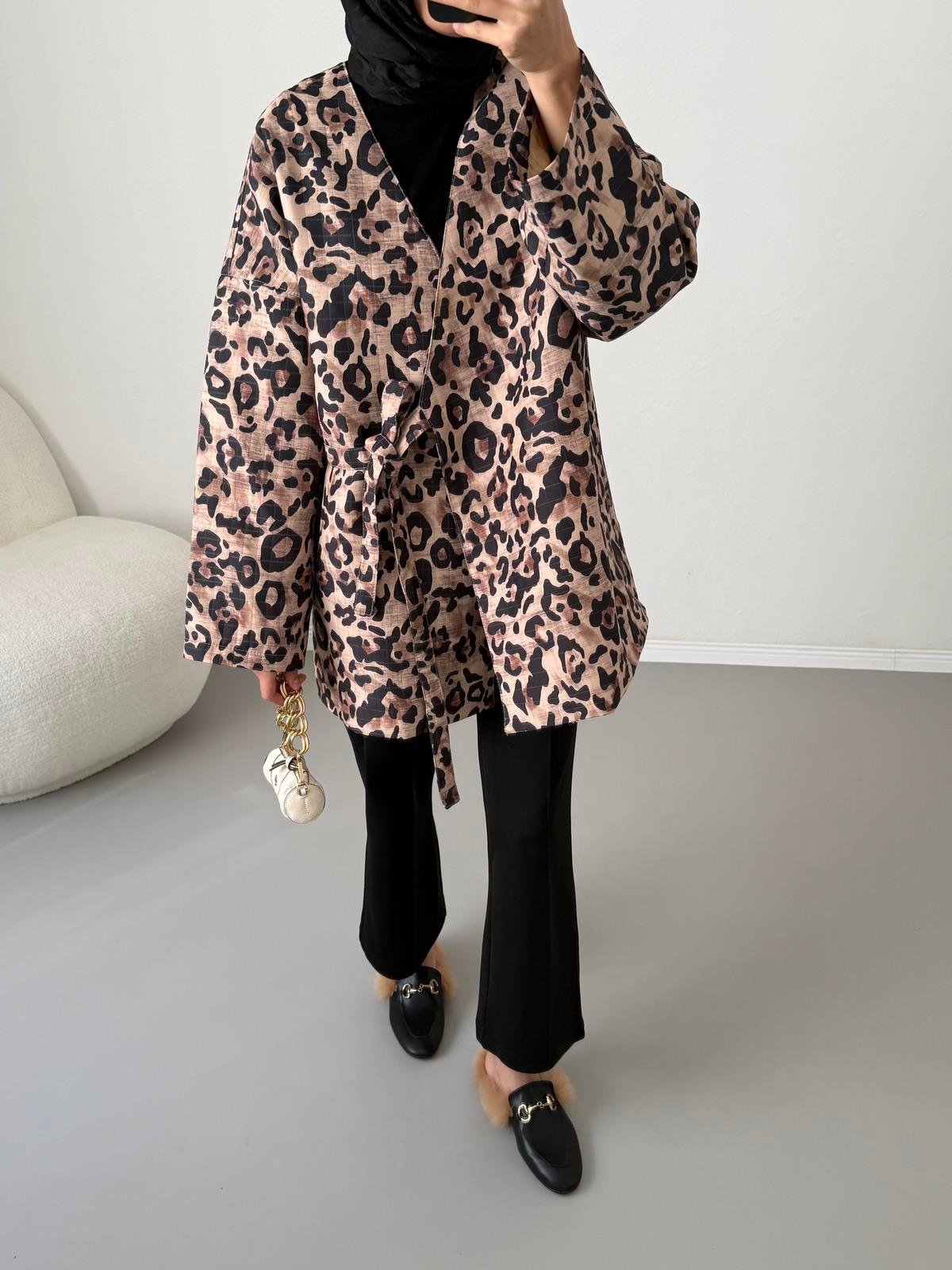 Bağlamalı Kapitone Ceket - Leopar